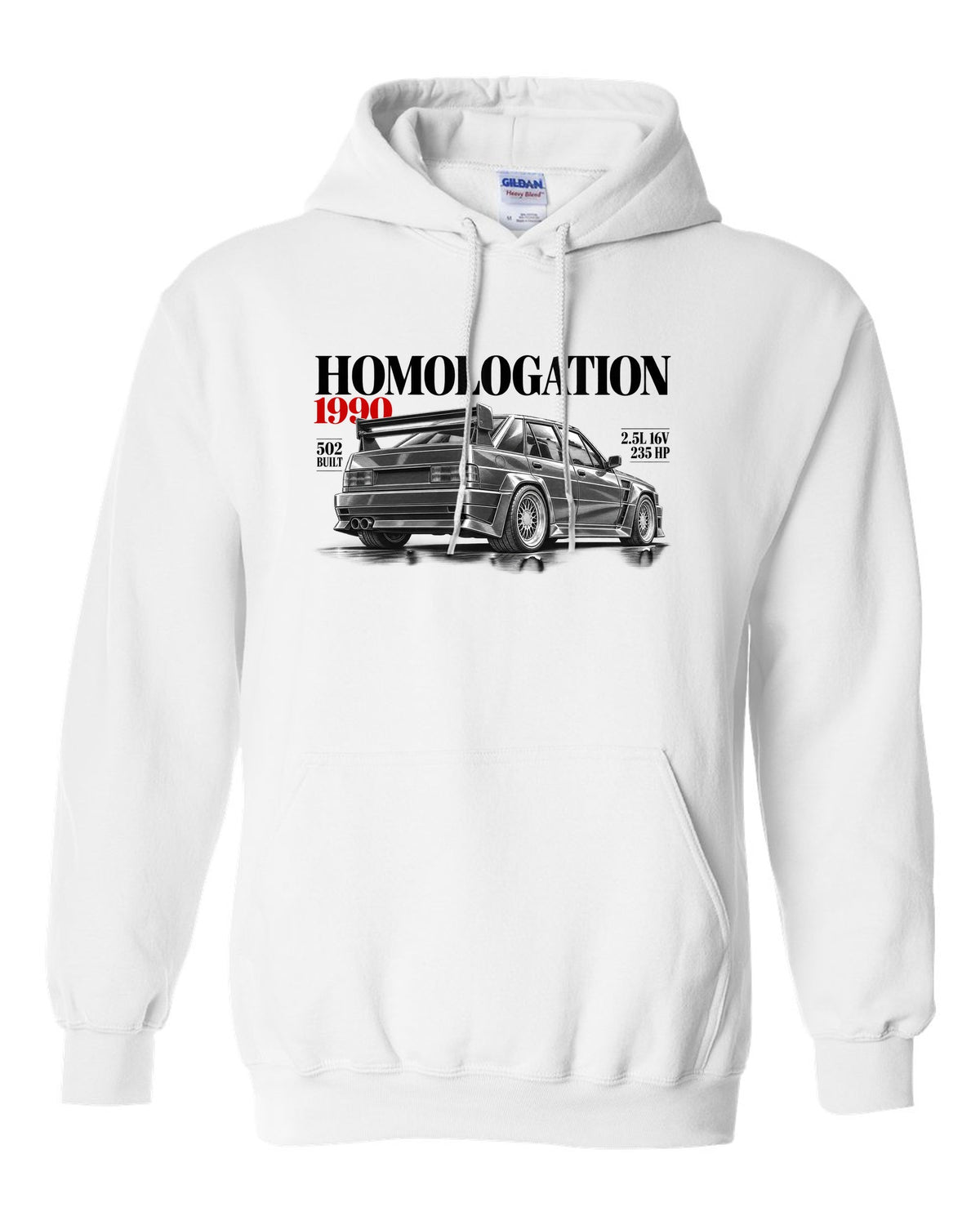 print editorial headline of a Mercedes 190E 2.5-16 Evolution II W201 with homologation 1990 502 built white pull over hoodie front view with the design