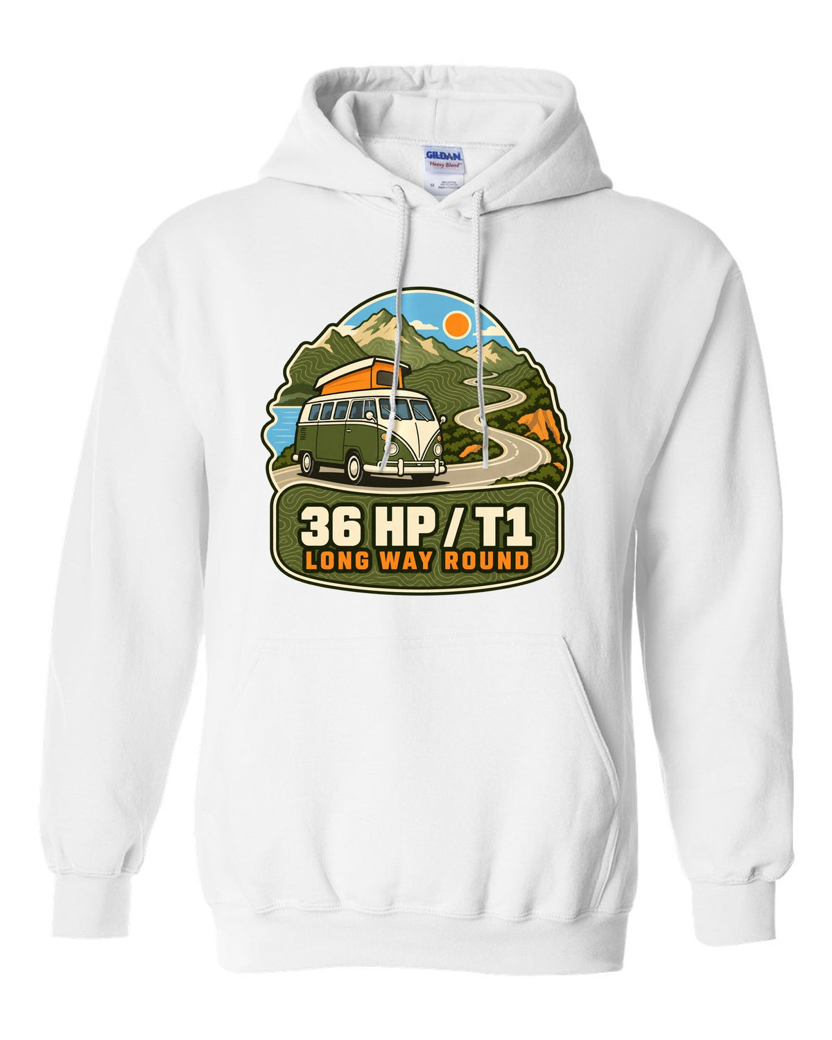 Topographic route map print of a 1962 VW Bus T1 split-window with 36 HP lettering white pull over hoodie front view with the design