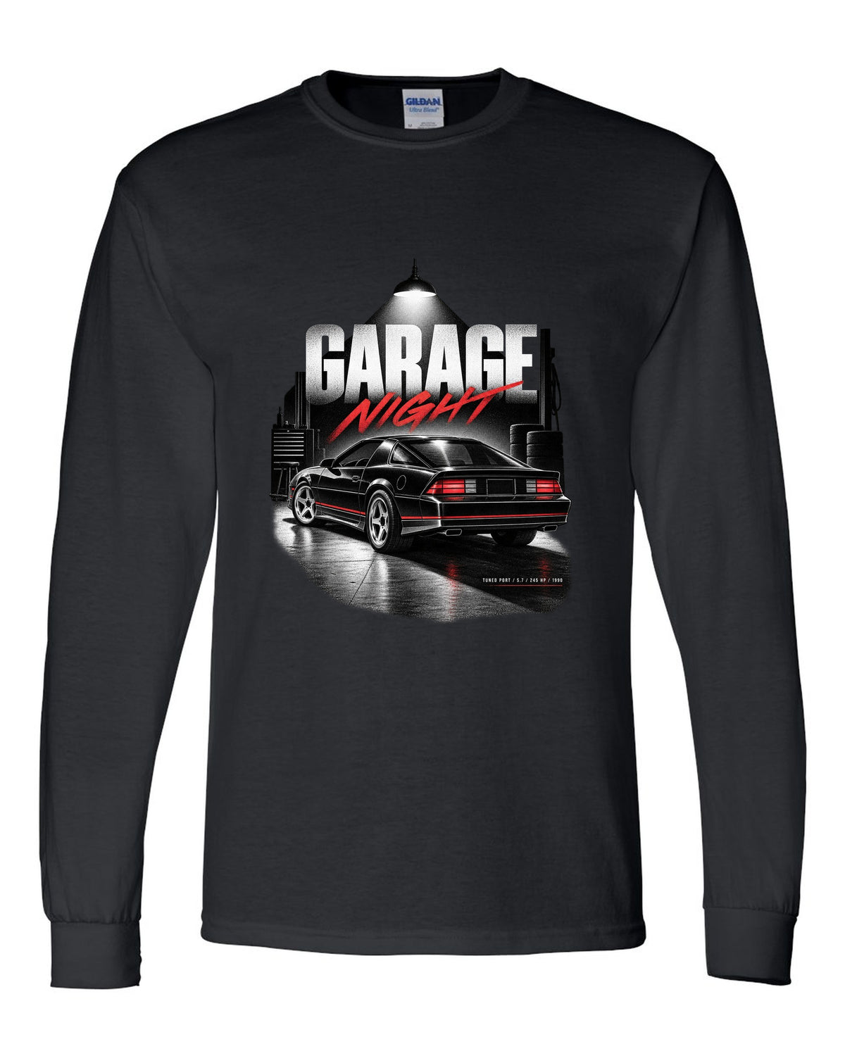 Garage-night print of a 1990 Chevrolet Camaro IROC-Z with tuned port 5.7 245 hp text black long sleeve front view with the design