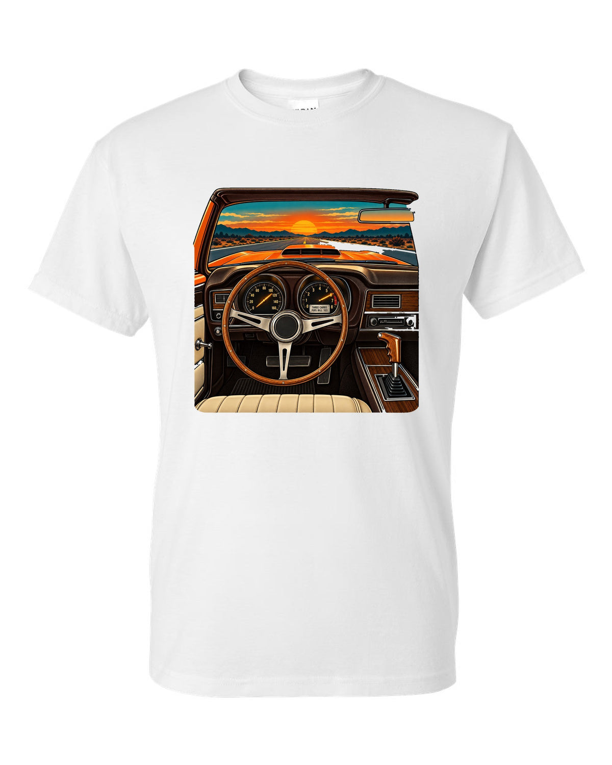 Retro dashboard illustration of a 1971 Dodge Charger Super Bee with six pack carb caption white t-shirt front view with the design