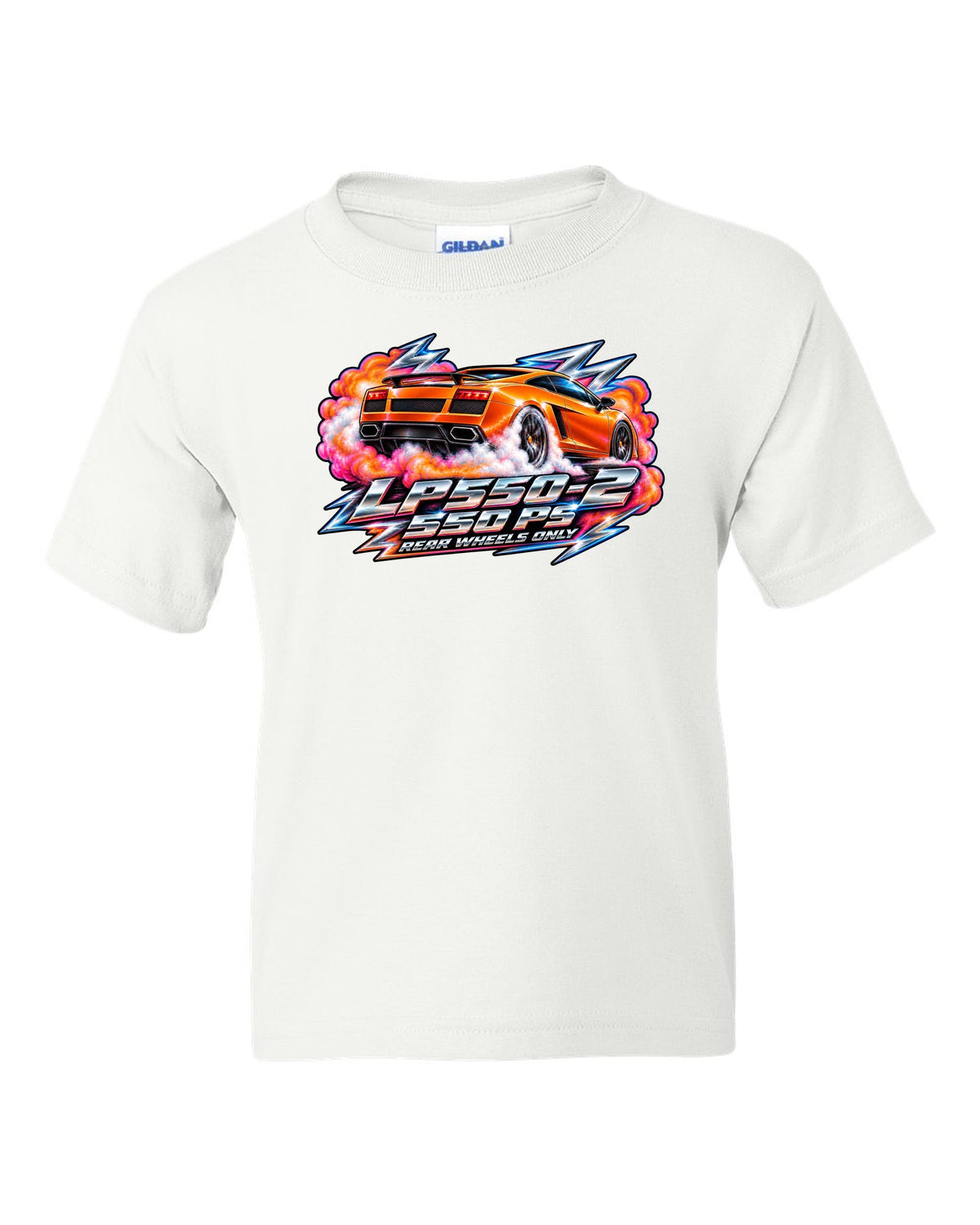 80s airbrush chrome design of a Lamborghini Gallardo LP550-2 with rear wheels only text white kids tee front view with the design