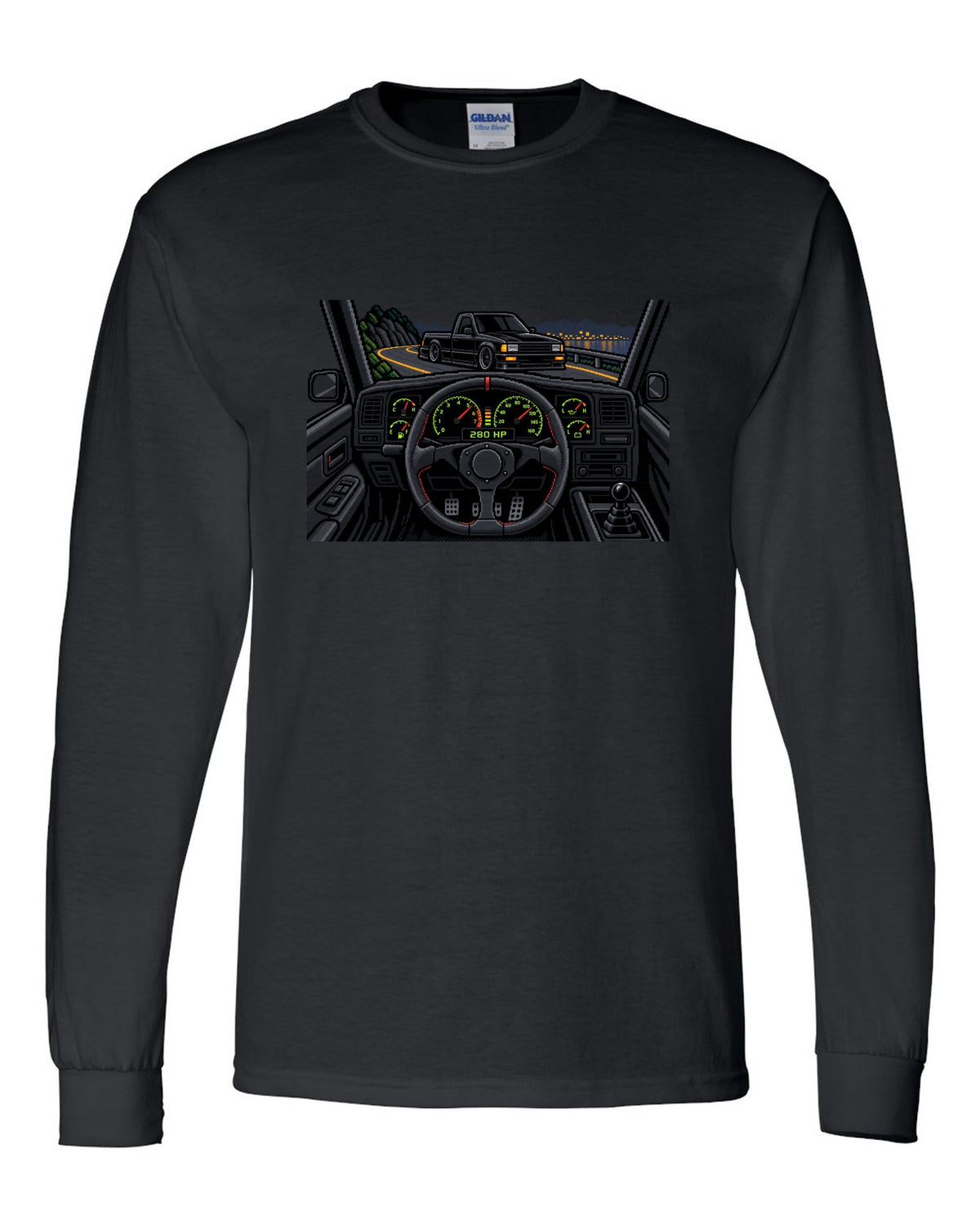 8/16-bit pixel art gauge print of a 1991 GMC Syclone with 280 HP text black long sleeve front view with the design