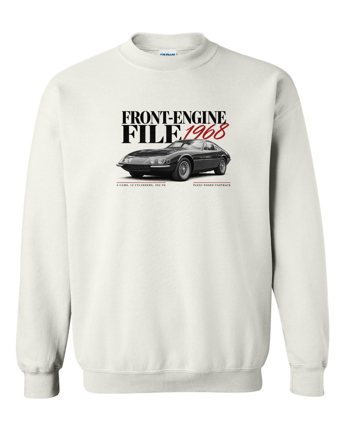 Editorial headline print of a Ferrari 365 GTB/4 Daytona with Front-Engine File 1968 and 352 PS text white crewneck front view with the design