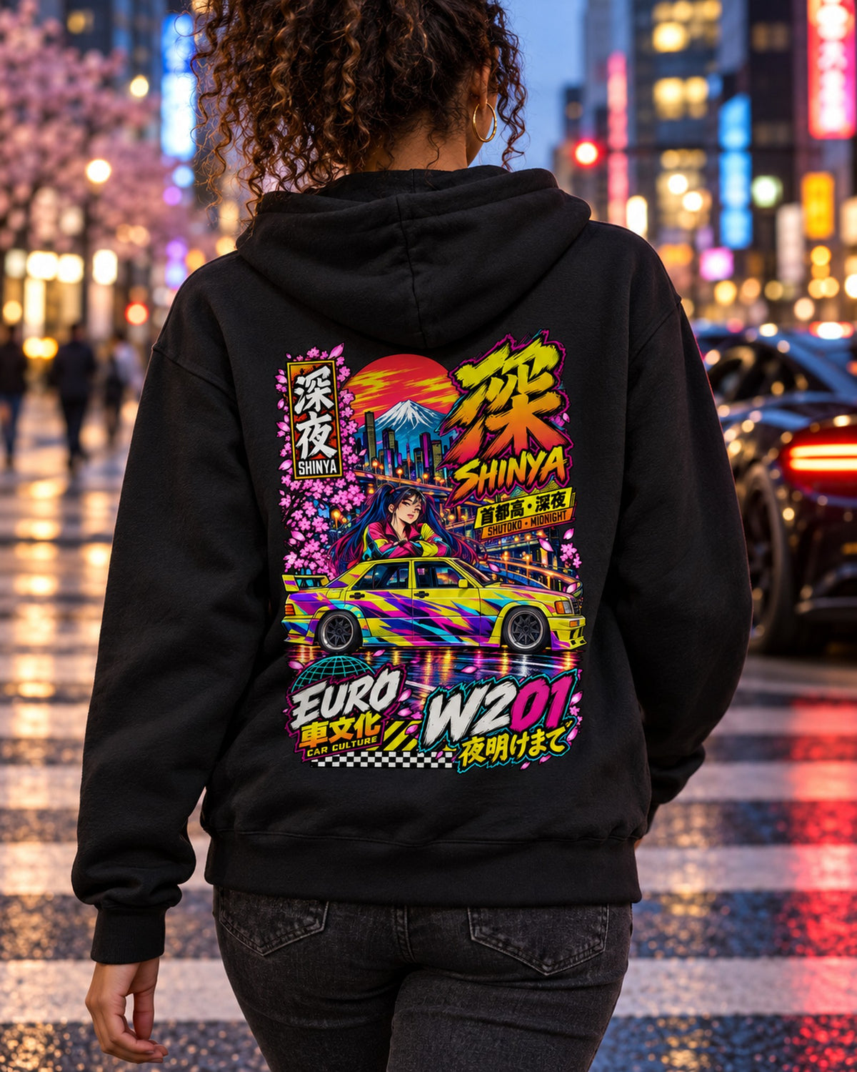 SHINYA W201 Anime Girl Full-Back Graphic Tee Pull Over Hoodie Black worn hero