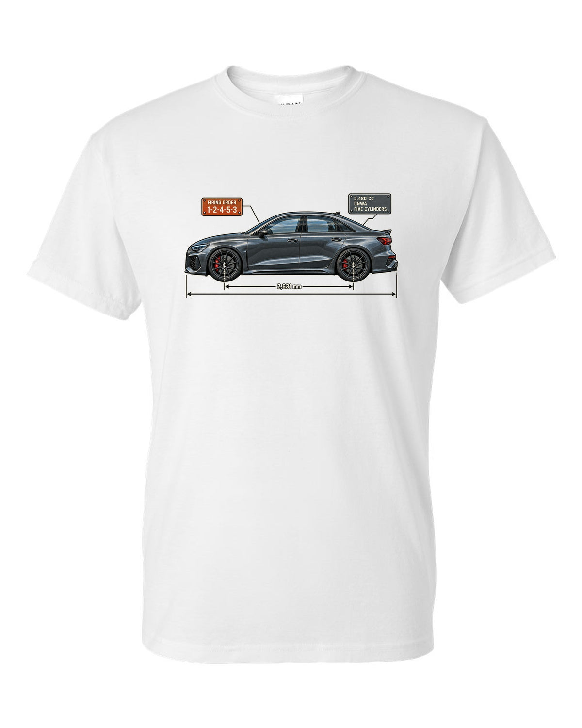 Blueprint of the Audi RS3 8Y sedan with 1-2-4-5-3 firing order white t-shirt front view with the design