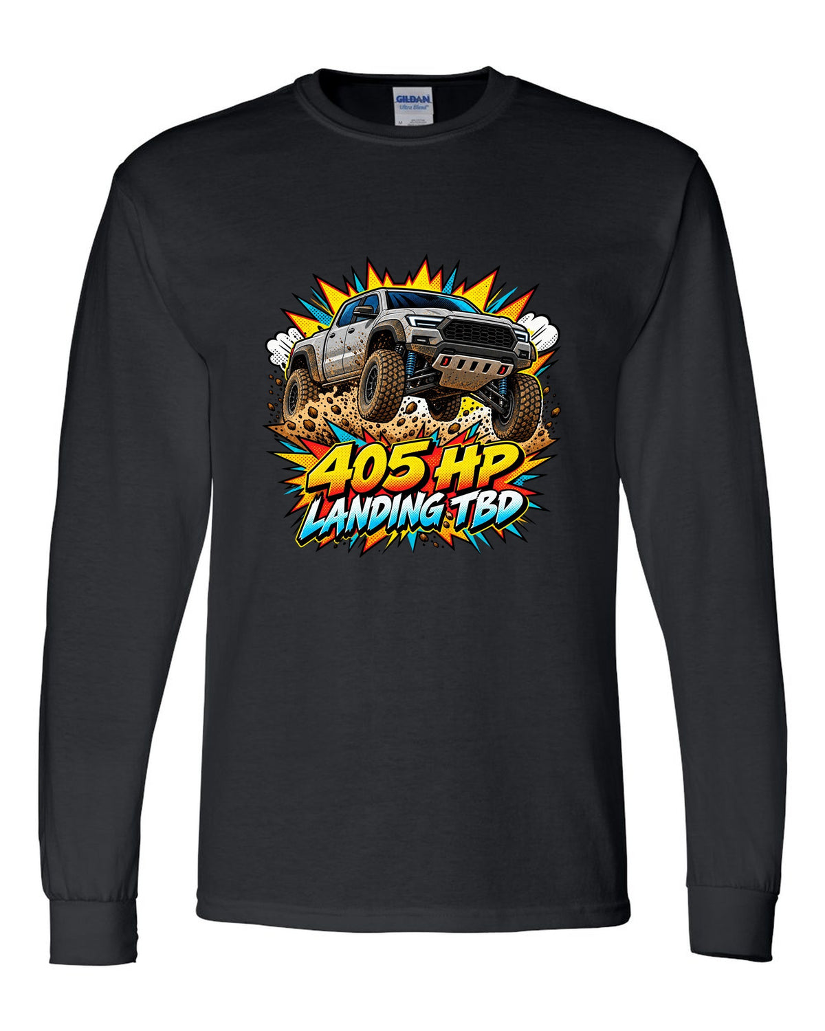 Ford Ranger Raptor P703 mid-jump in a comic pop-art burst print black long sleeve front view with the design