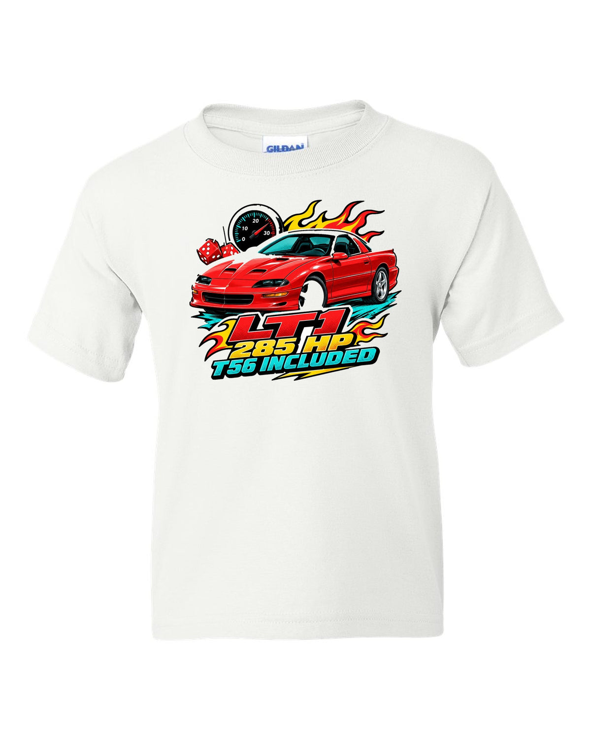 1996 Chevrolet Camaro Z28 LT1 sticker-bomb collage print with 285 HP T56 text white kids tee front view with the design