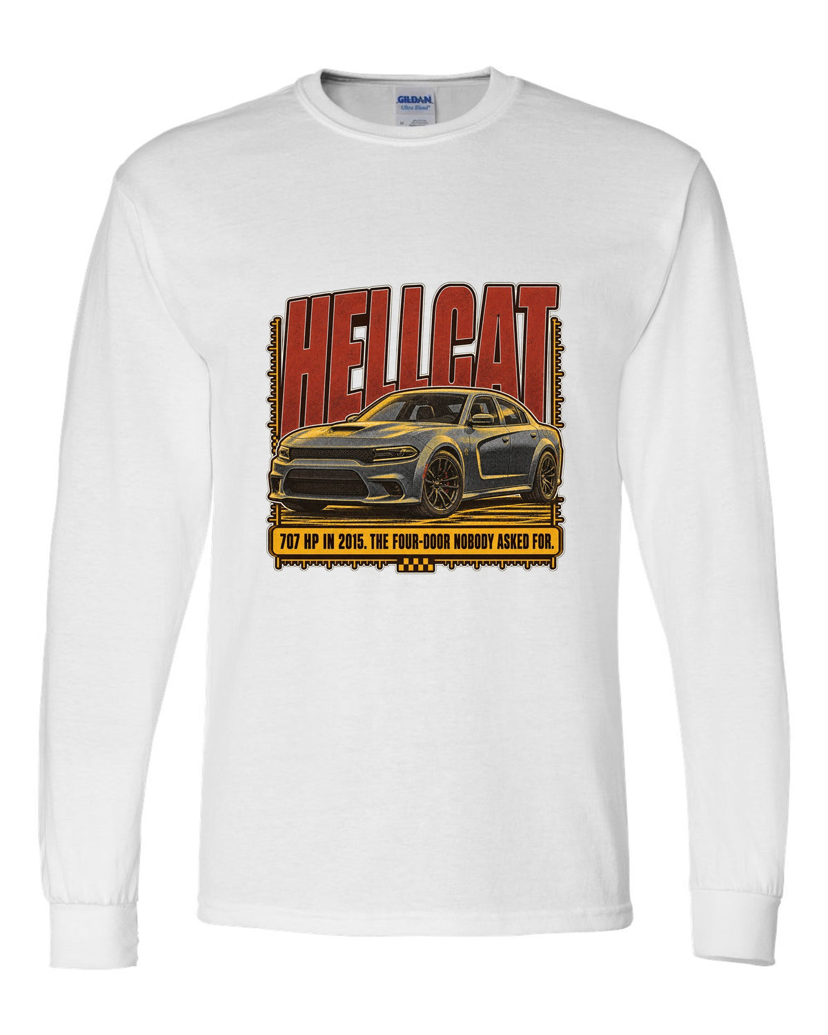 Dodge Charger SRT Hellcat halftone statement print reading 707 HP in 2015 white long sleeve front view with the design