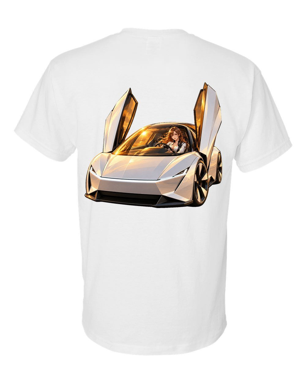Tesla Roadster Golden Hour Anime Girl T-Shirt White back