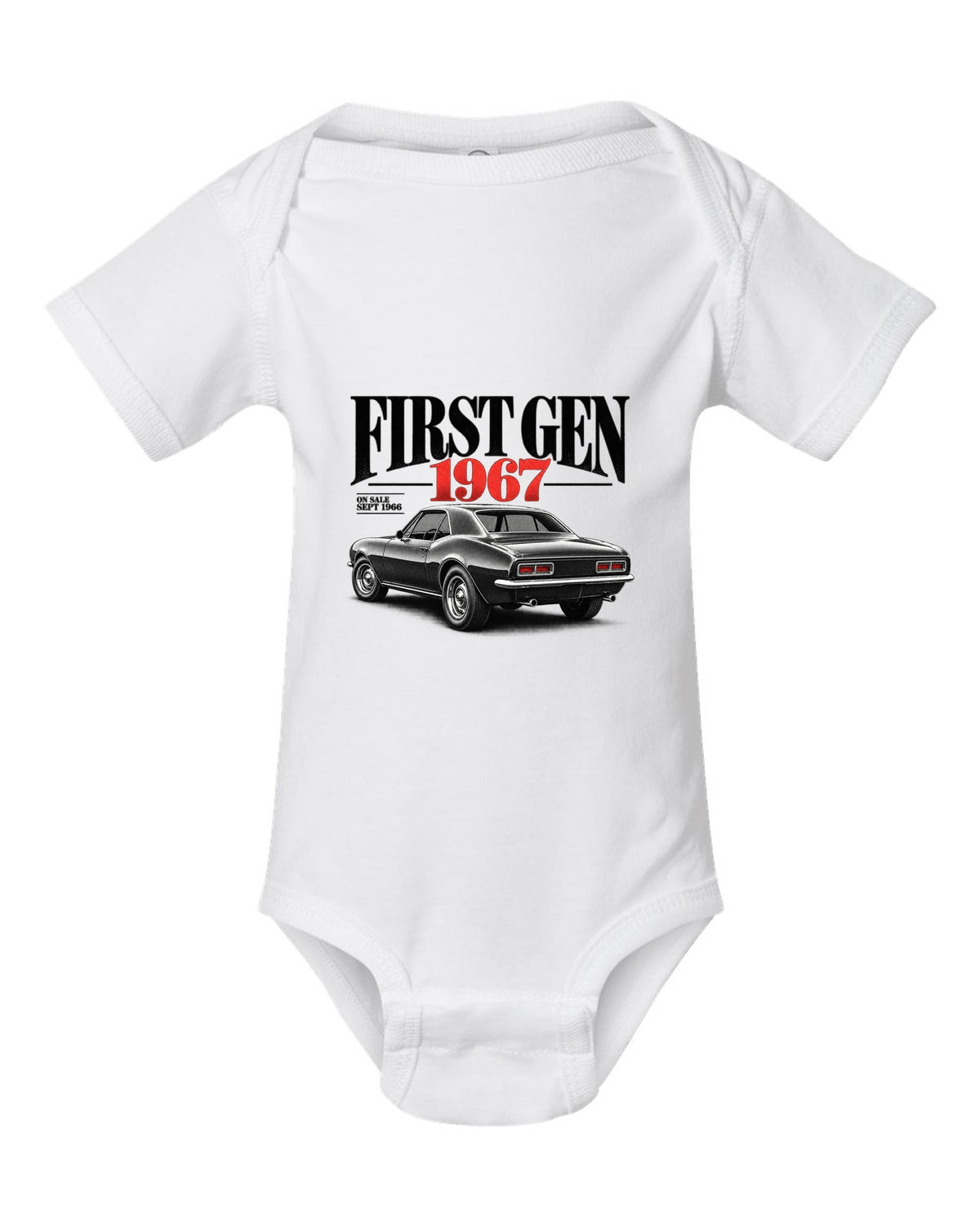 Editorial headline print of a 1967 first-gen Chevrolet Camaro with September 1966 on-sale date white baby onesie front view with the design