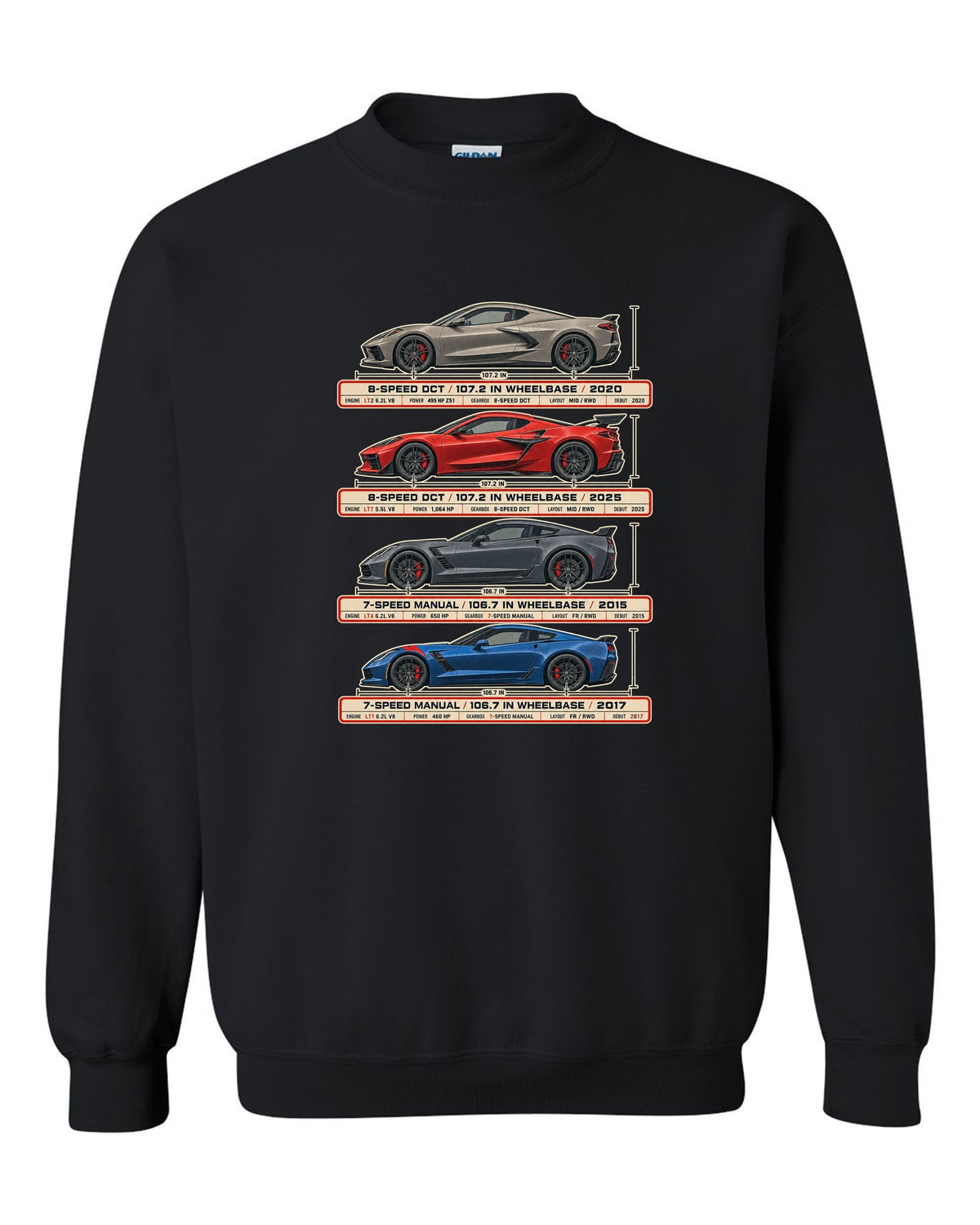 print of a Chevrolet Corvette C8 Stingray spec poster showing DCT and wheelbase figures black crewneck front view with the design