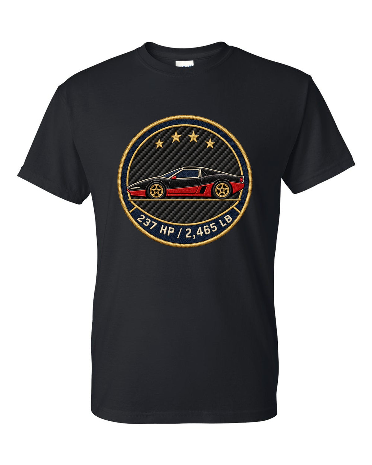 Embroidery style round crest for an Alfa Romeo 4C showing 237 HP and 2,465 LB black t-shirt front view with the design