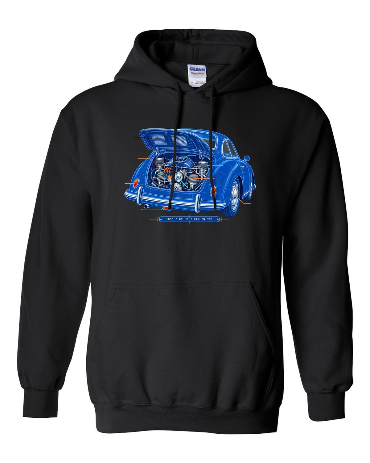Linocut print of a 1978 Porsche 911 SC Targa in a night garage with the text SC Targa, 180 PS and 3.0 black pull over hoodie front view with the design