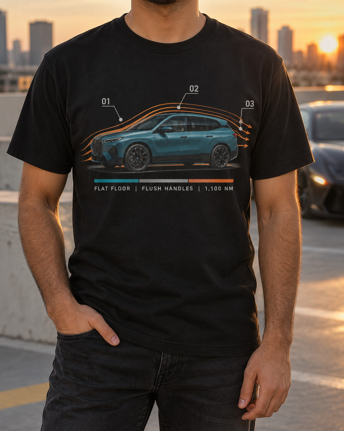 BMW iX M60 I20 Aero Callout Shirt, Flush Handles Print T-Shirt Black worn hero