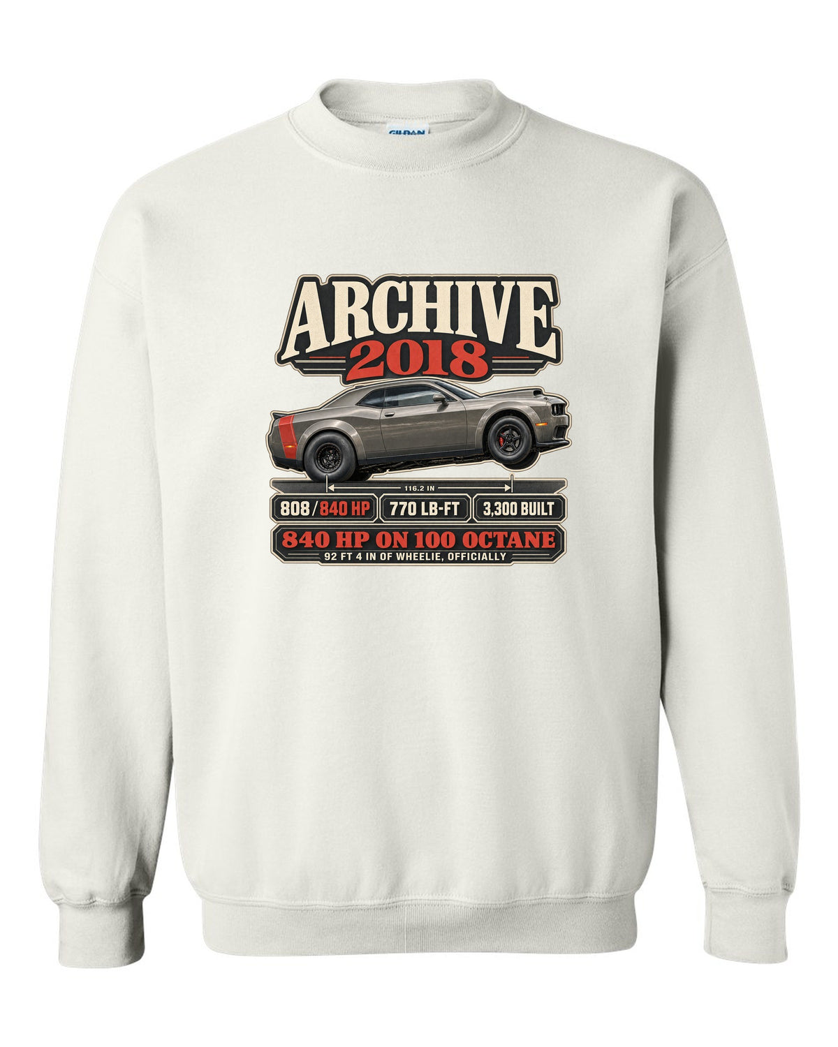 2018 Dodge Challenger SRT Demon archive panel print with 840 HP and wheelie record white crewneck front view with the design