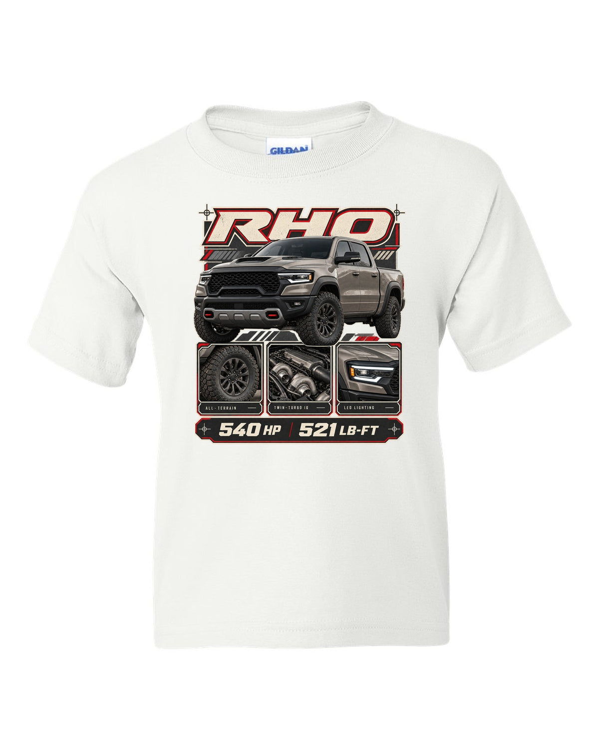 Ram 1500 RHO 2025 dossier panels with horsepower and torque print white kids tee front view with the design