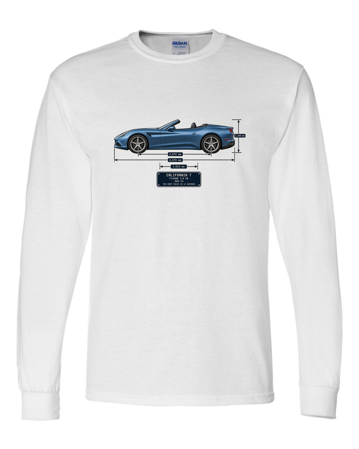 Dimension blueprint print of the Ferrari California T with roof folded white long sleeve front view with the design