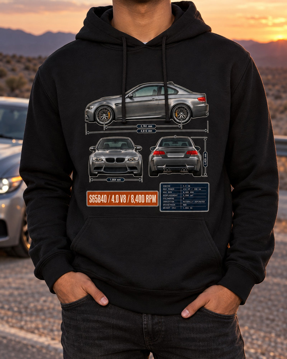 BMW M3 E92 V8 Three-View Spec Table Tee Pull Over Hoodie Black worn hero