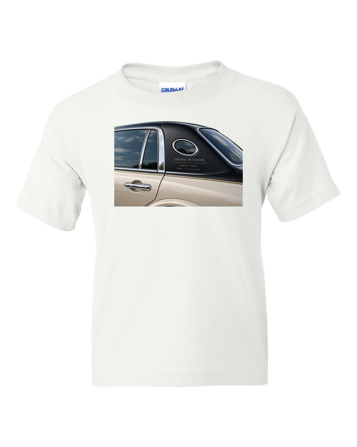 Detail macro print of a Maybach 62 W240 opera window with Since 2002 lettering white kids tee front view with the design