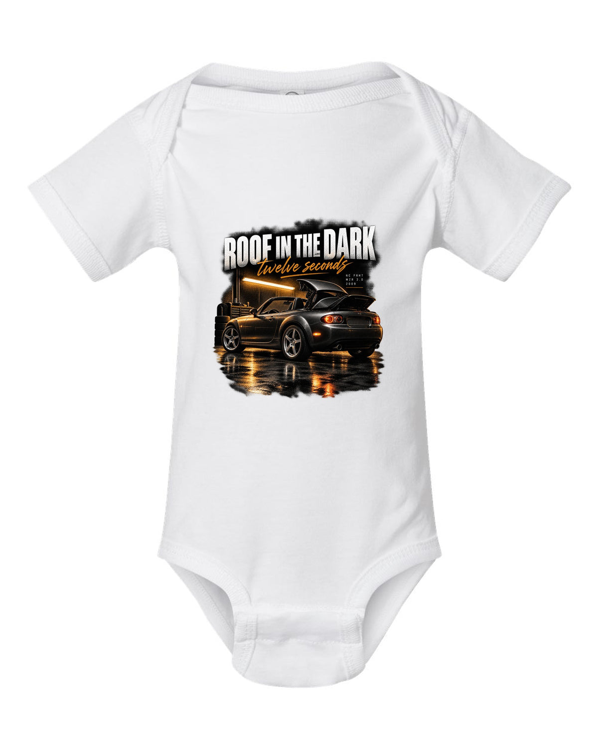 Garage night print of a Mazda MX-5 NC PRHT with the roof folding white baby onesie front view with the design