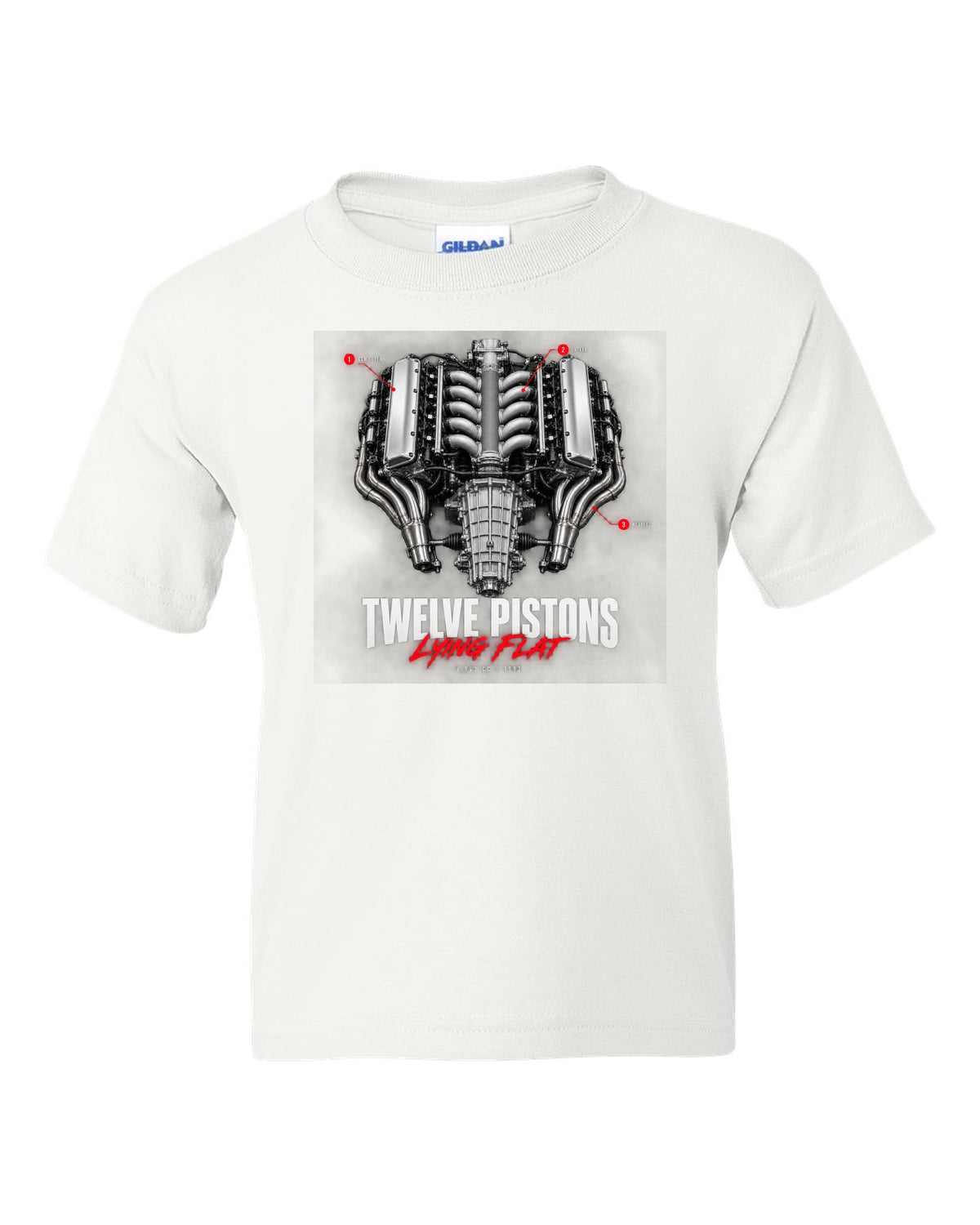 Engine callout print of the Ferrari 512 TR and F512 M flat-12 with the text Twelve Pistons Lying Flat white kids tee front view with the design