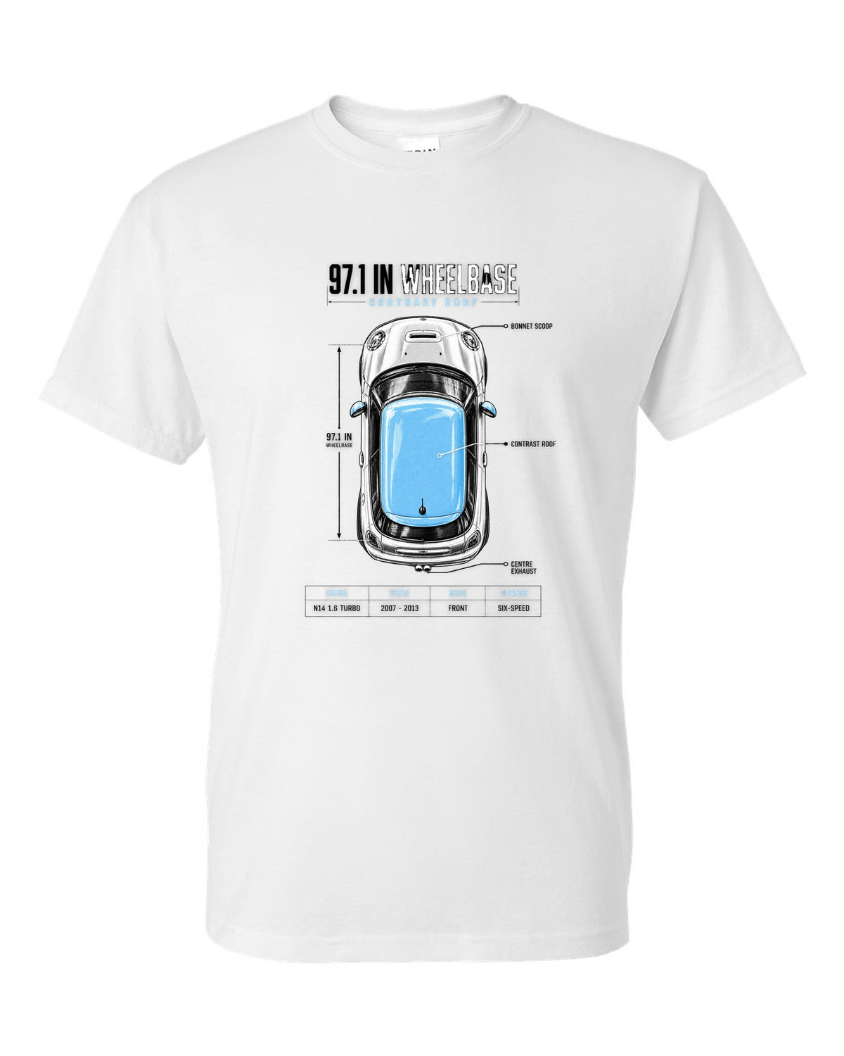 Top-down plan view of a Mini Cooper S R56 on a spec poster print with wheelbase text white t-shirt front view with the design