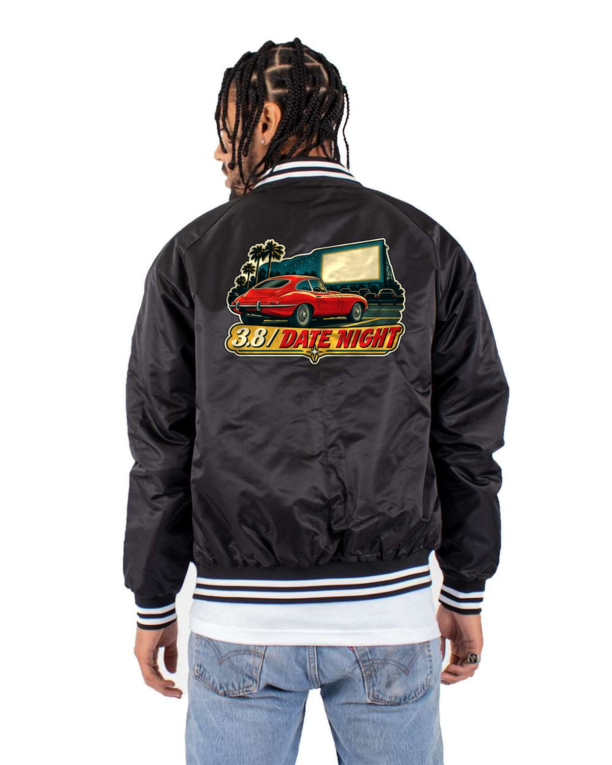 E-Type Drive-In Shirt, Jaguar Series 1 1961 Vintage Race Poster Bomber Jacket Black back