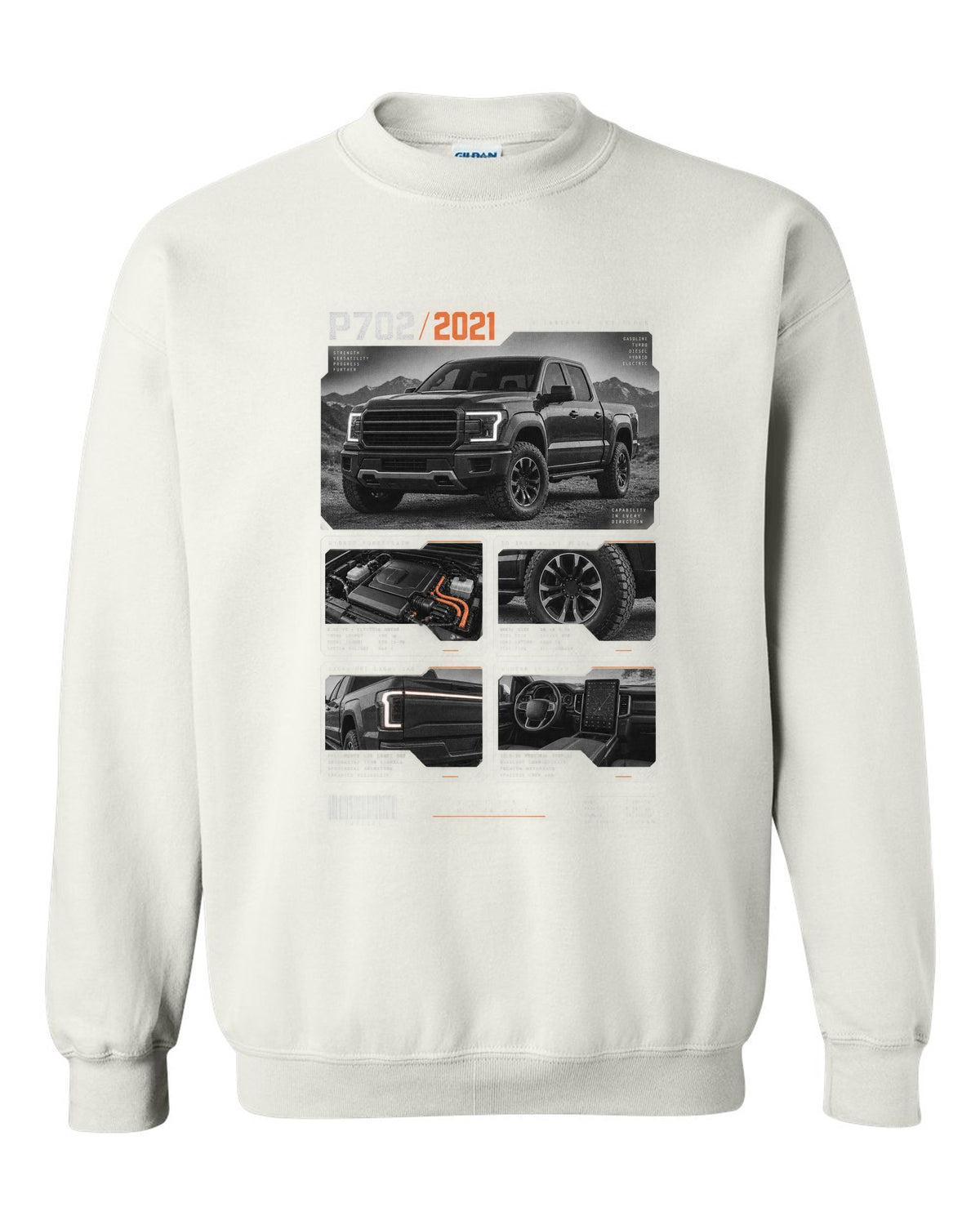Dossier panel print of a 2021 Ford F-150 P702 light bar with five engines text white crewneck front view with the design
