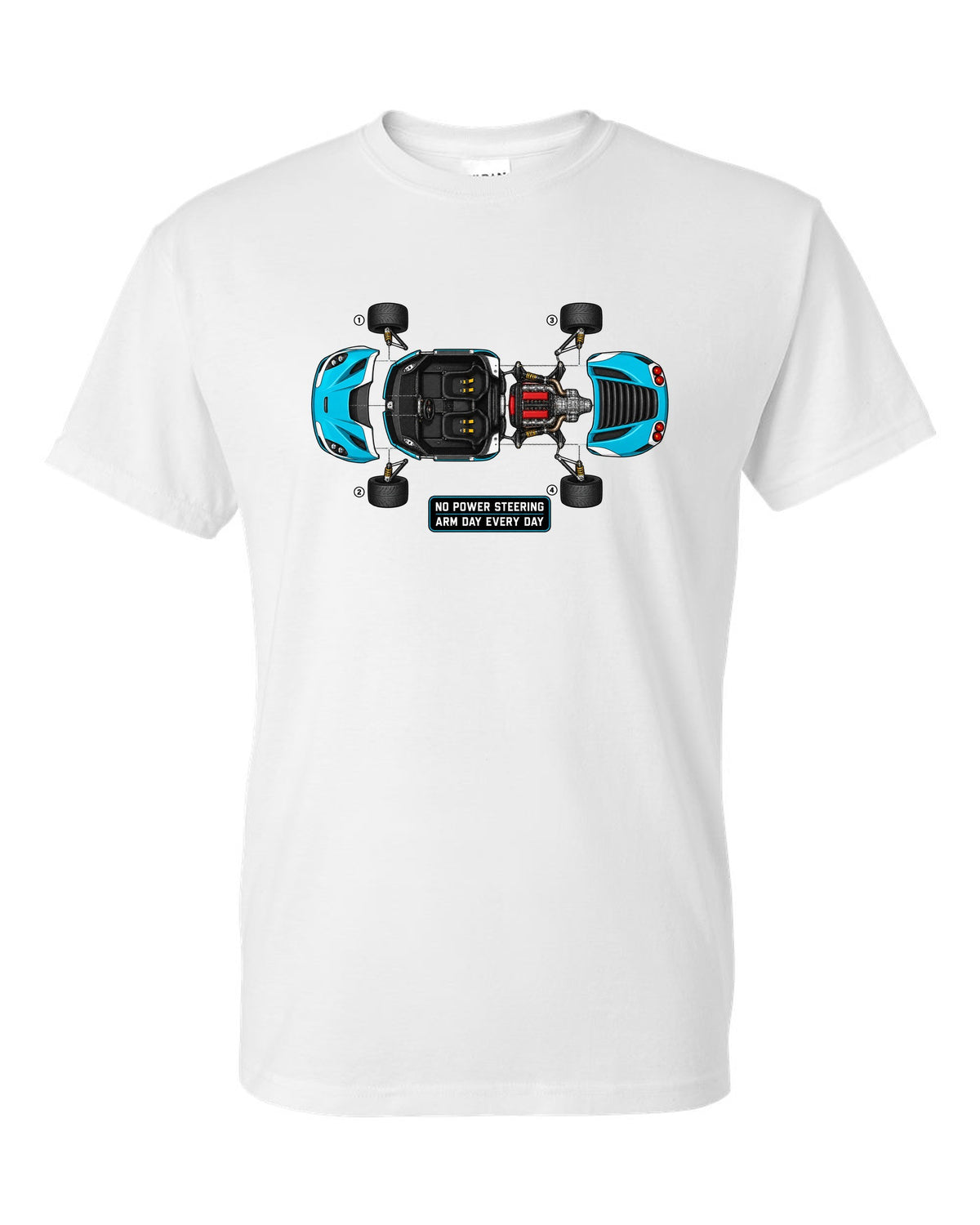 Blueprint exploded view of an Alfa Romeo 4C with no power steering arm day text white t-shirt front view with the design