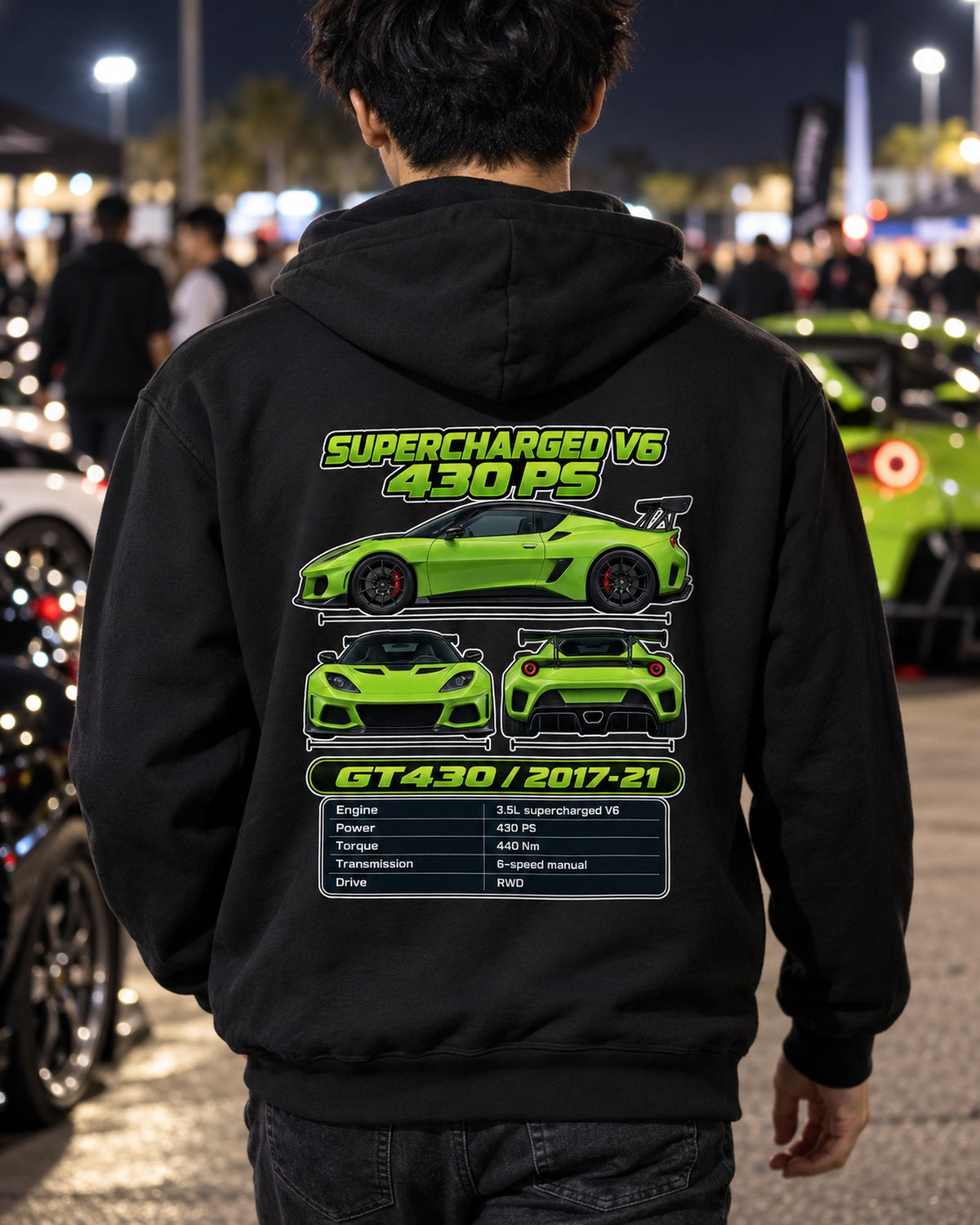 Lotus Evora Gt430 Spec Sheet Full-Back Graphic Tee Pull Over Hoodie Black worn hero