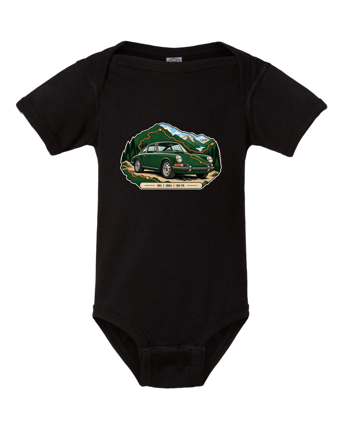 Porsche 993 RS engine bay data plate spec sheet design with 3.8 and 300 PS text black baby onesie front view with the design