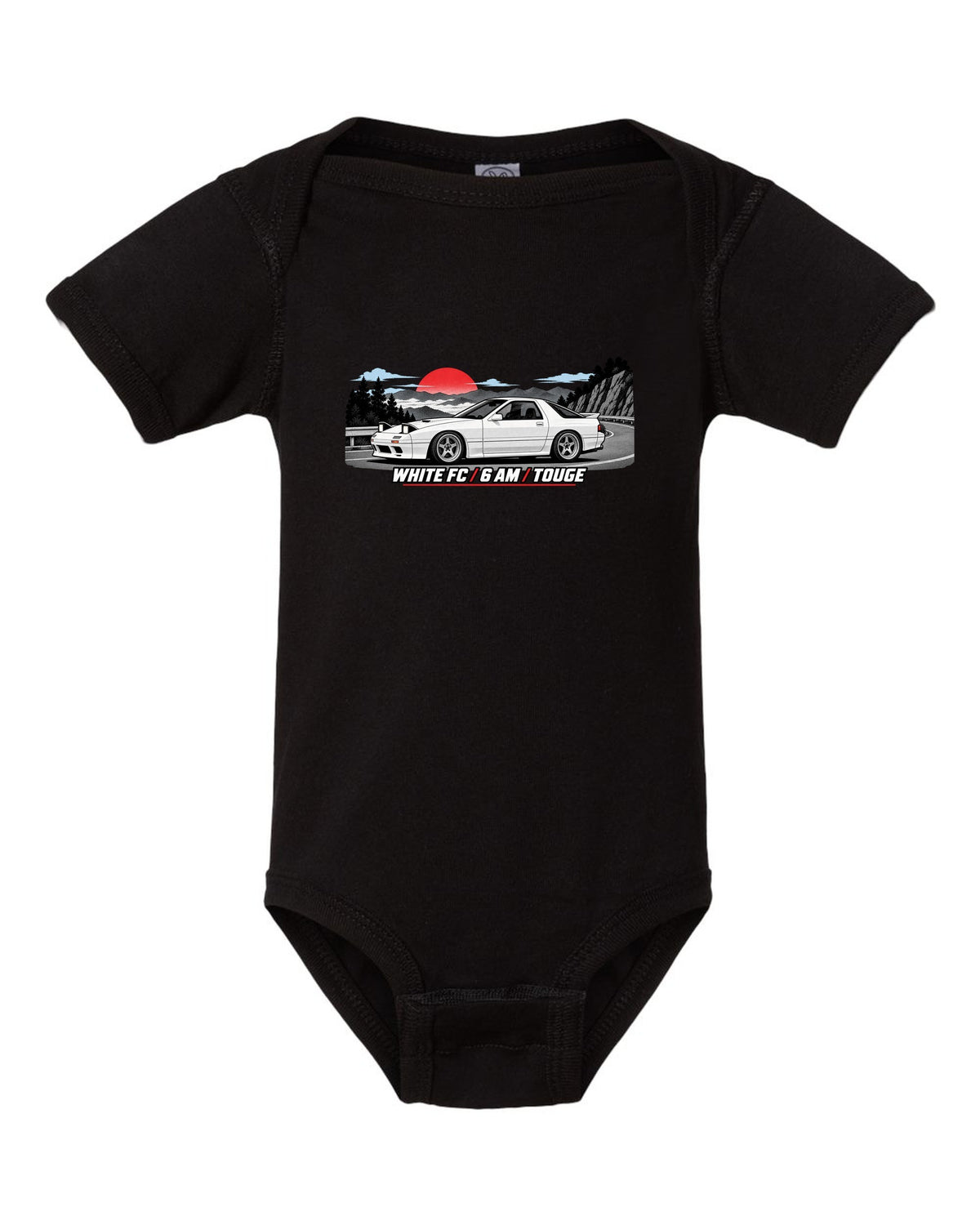 Pixel art print of a Mazda RX-7 SA22C with the text Compression, W's T black baby onesie front view with the design