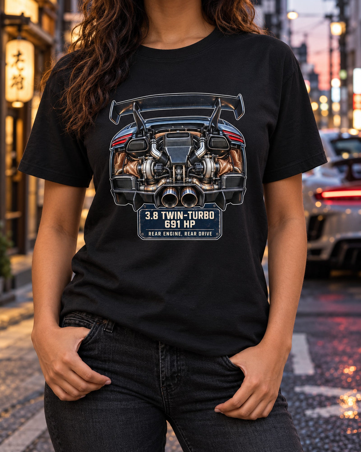 Porsche 911 GT2 RS 991.2 Engine Print Tee, Rear-Engine Gift T-Shirt Black worn hero