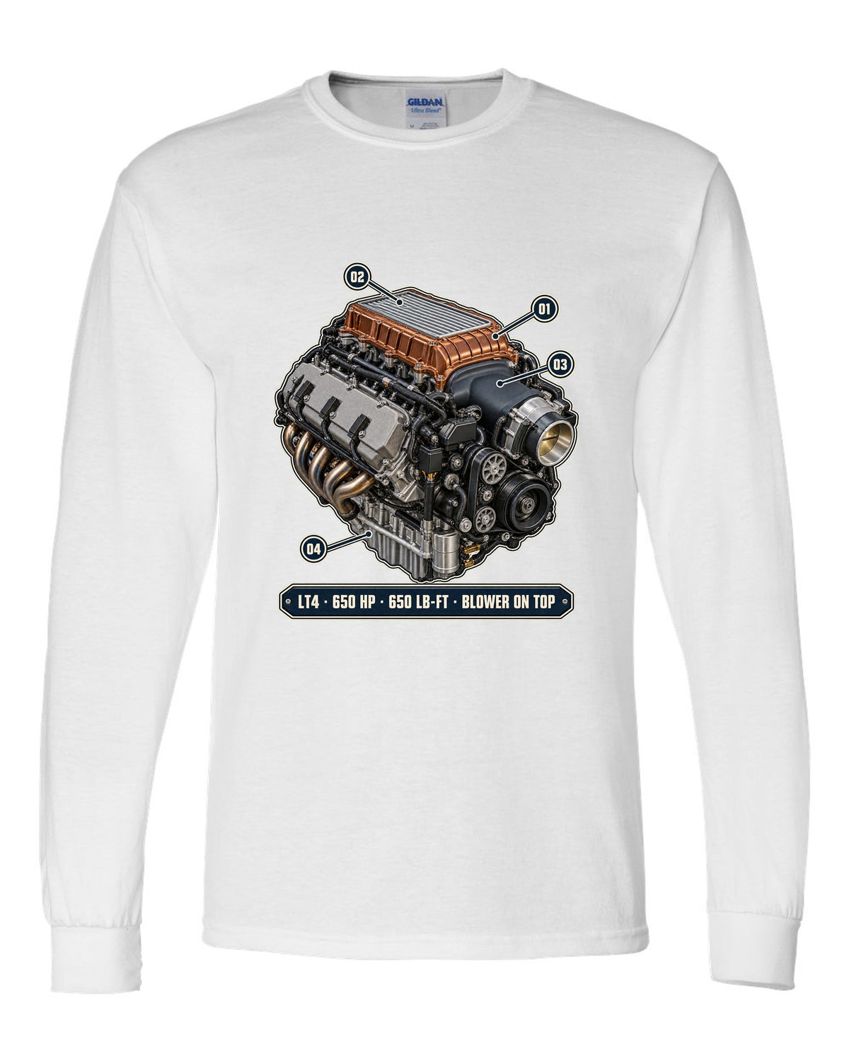 Camaro ZL1 LT4 supercharged engine bay poster print white long sleeve front view with the design