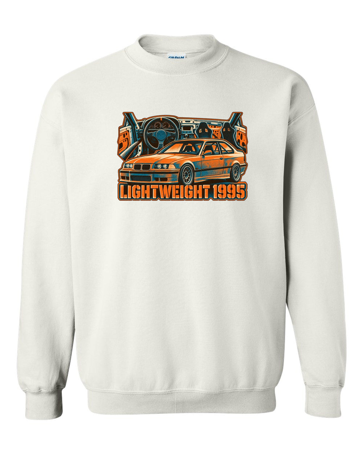 Watercolour wet-road night illustration of a BMW E36 M3 coupe in a garage with coolant flange fund text white crewneck front view with the design