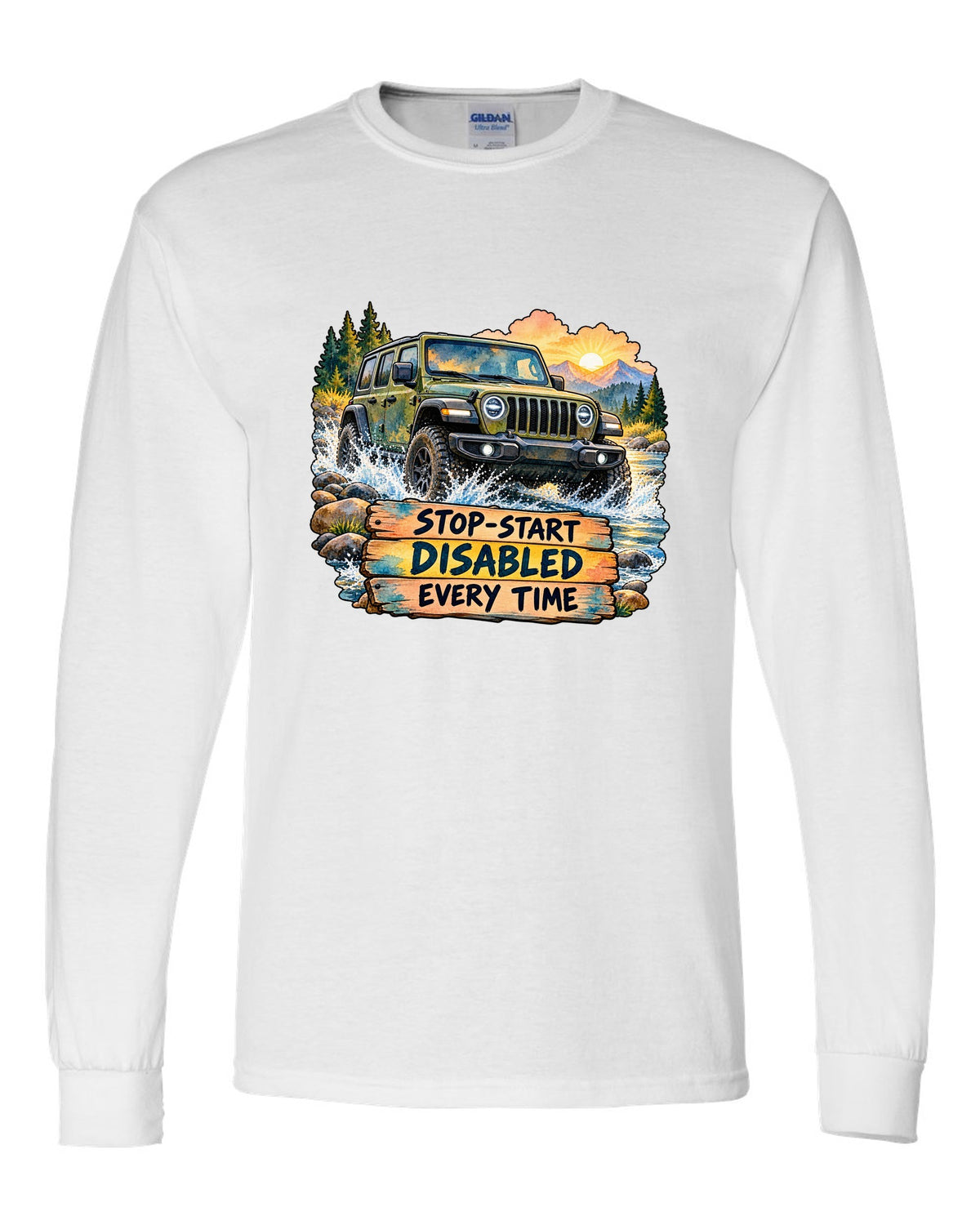 Watercolour night road print of a Jeep Wrangler JL with stop-start disabled text white long sleeve front view with the design