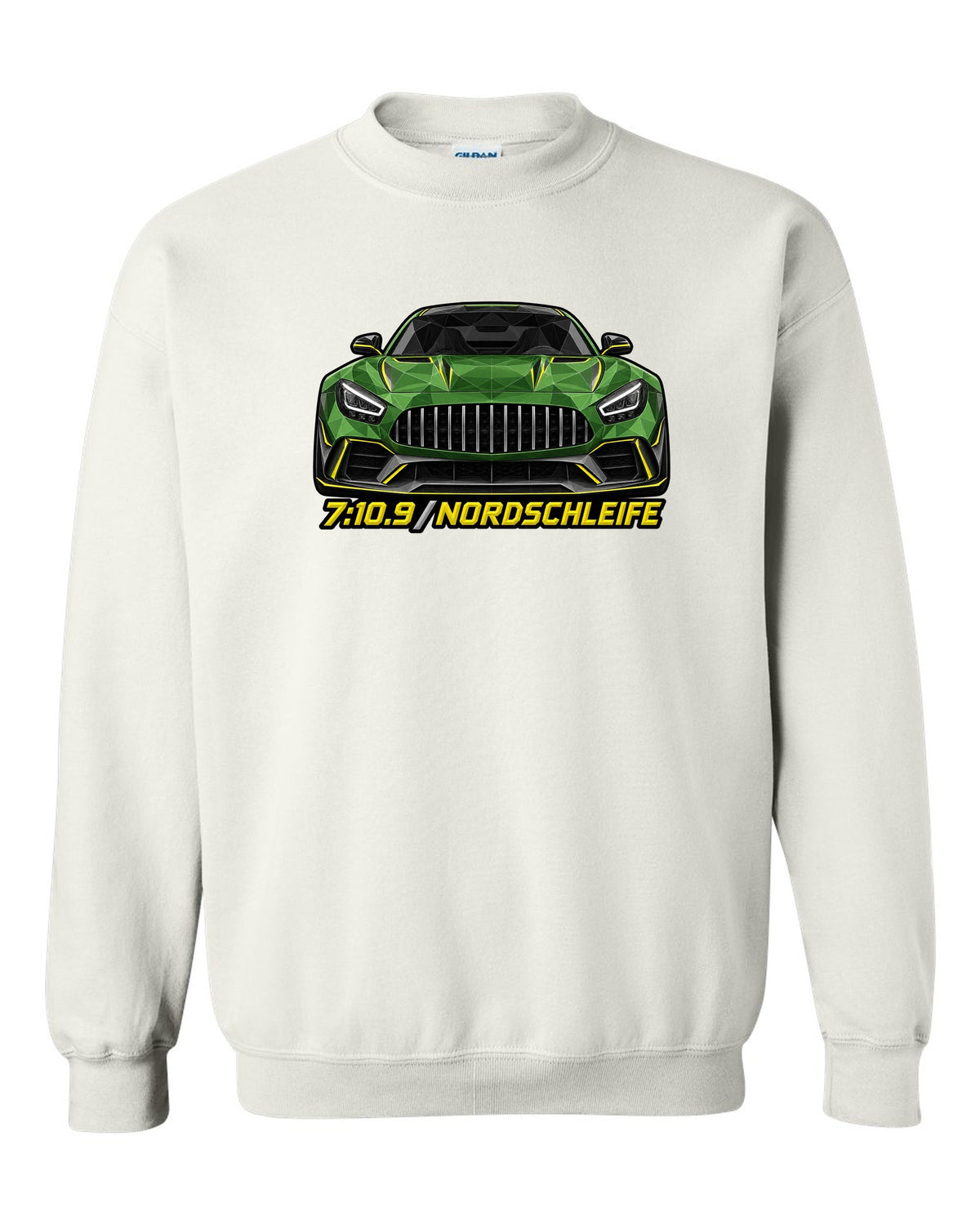 Low-poly wireframe illustration of a Mercedes AMG GT R C190 with 7:10.9 Nordschleife text white crewneck front view with the design