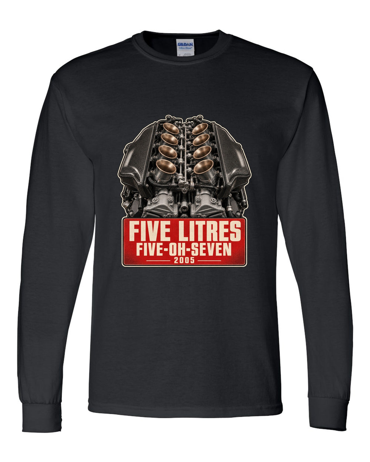 BMW M5 E60 S85 V10 engine poster-style print black long sleeve front view with the design