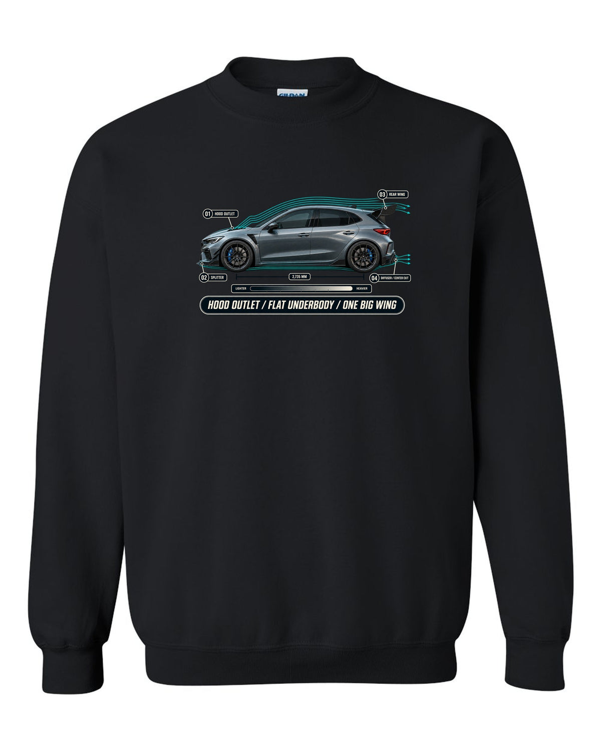 Honda Civic Type R FL5 Airflow Callouts black crewneck front view with the design