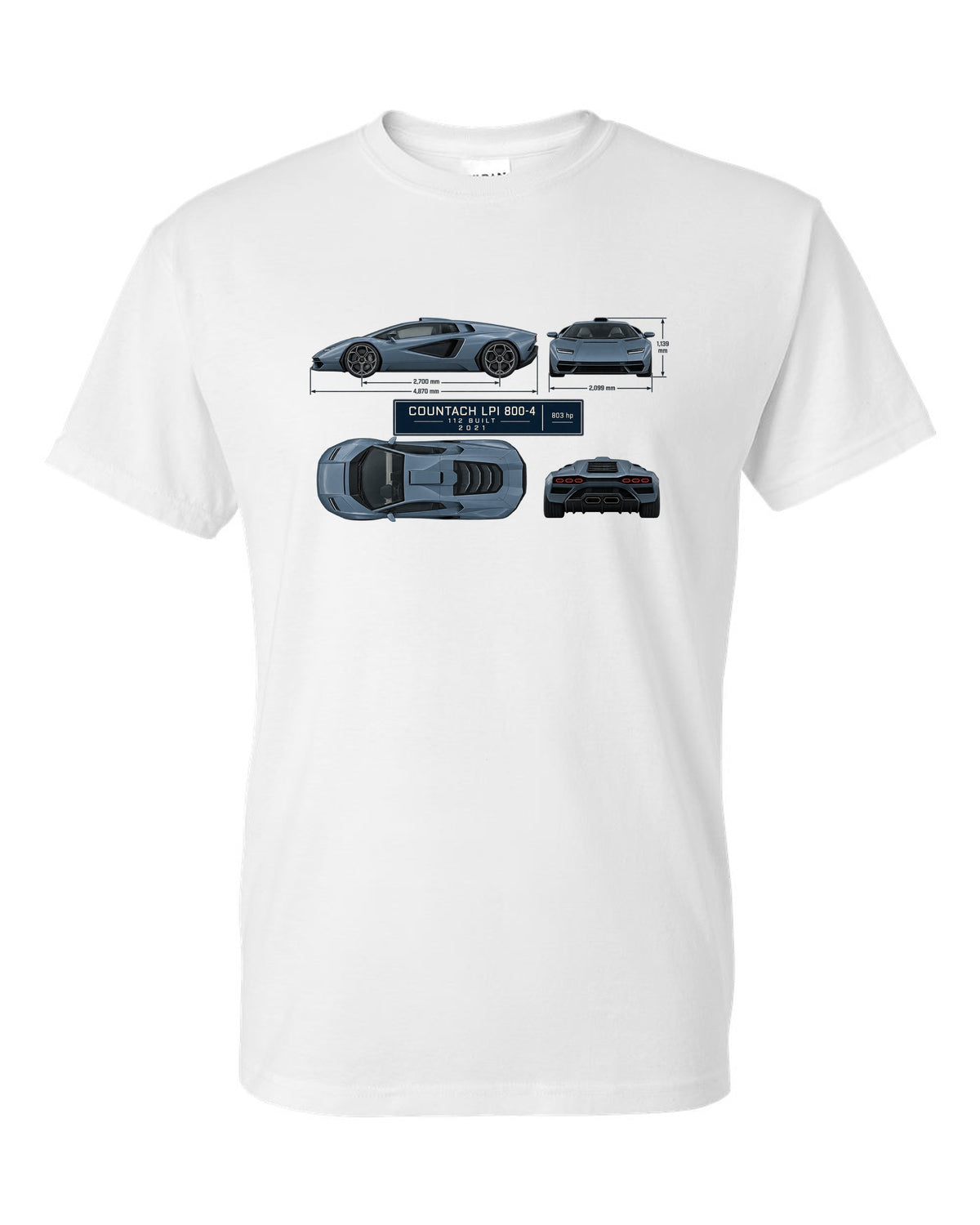 Lamborghini Countach LPI 800-4 dimension blueprint print with 112 built 2021 lettering white t-shirt front view with the design