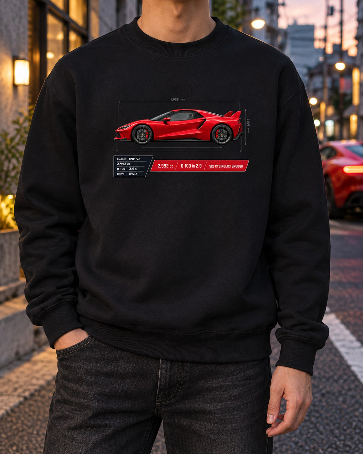 Ferrari 296 GTB Spec Poster Shirt, 2,992 cc Six Cylinders Crewneck Black worn hero