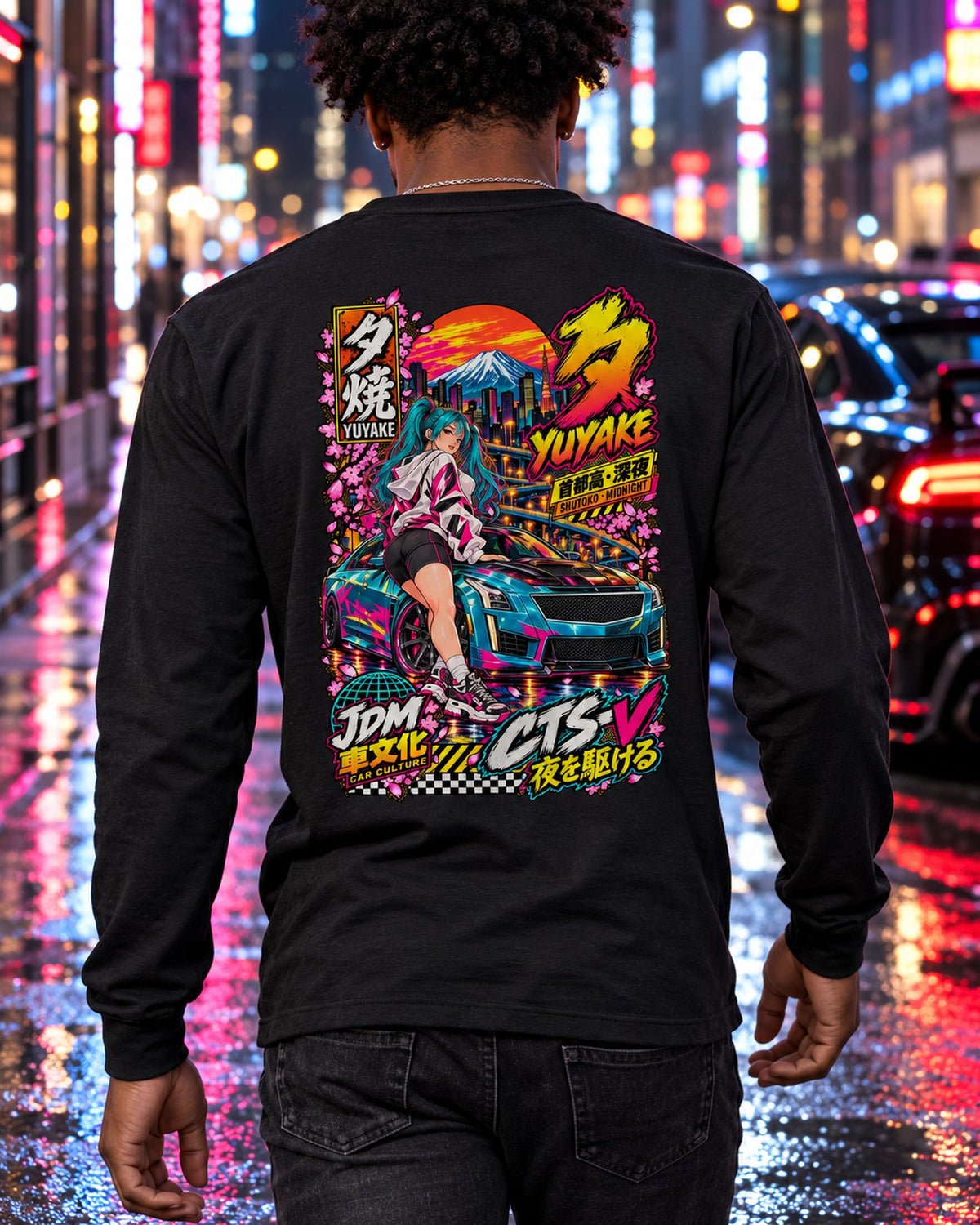 YUYAKE CTS-V Anime Girl Full-Back Graphic Tee Long Sleeve Black worn hero
