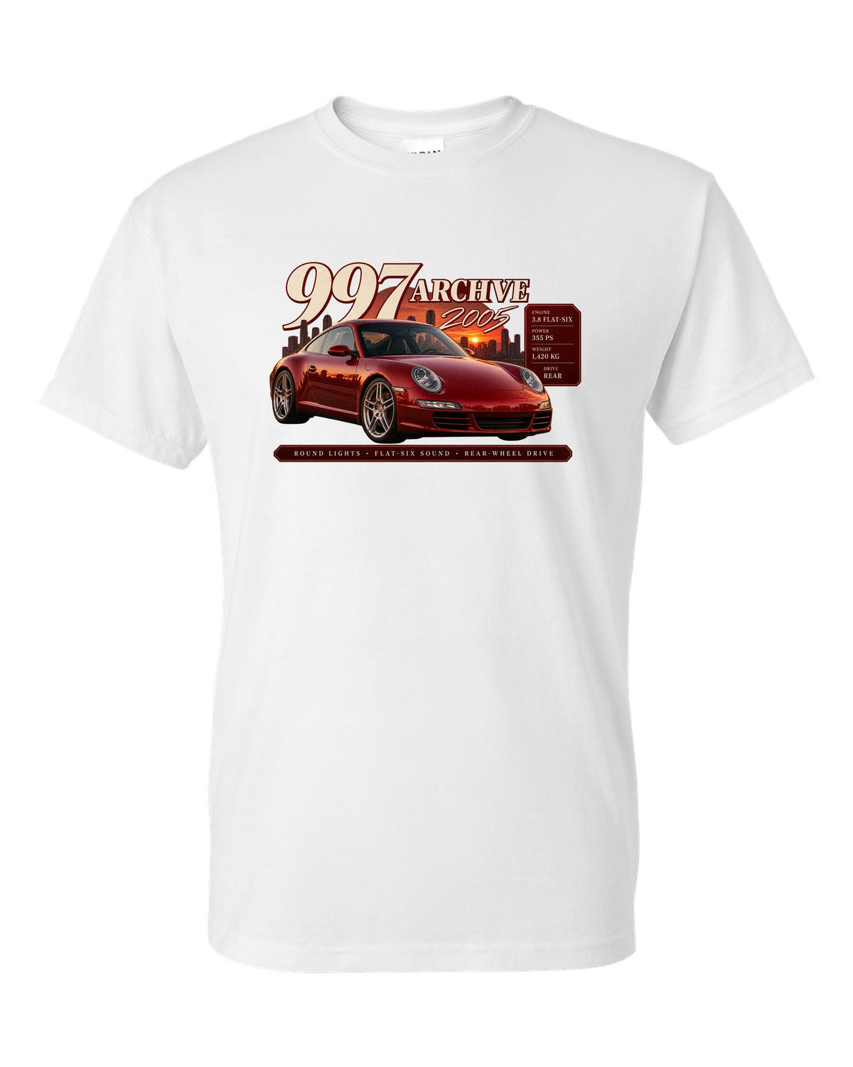 Archive panel print of a deep red Porsche 911 Carrera S 997.1 with 3.8 flat-six spec lines white t-shirt front view with the design