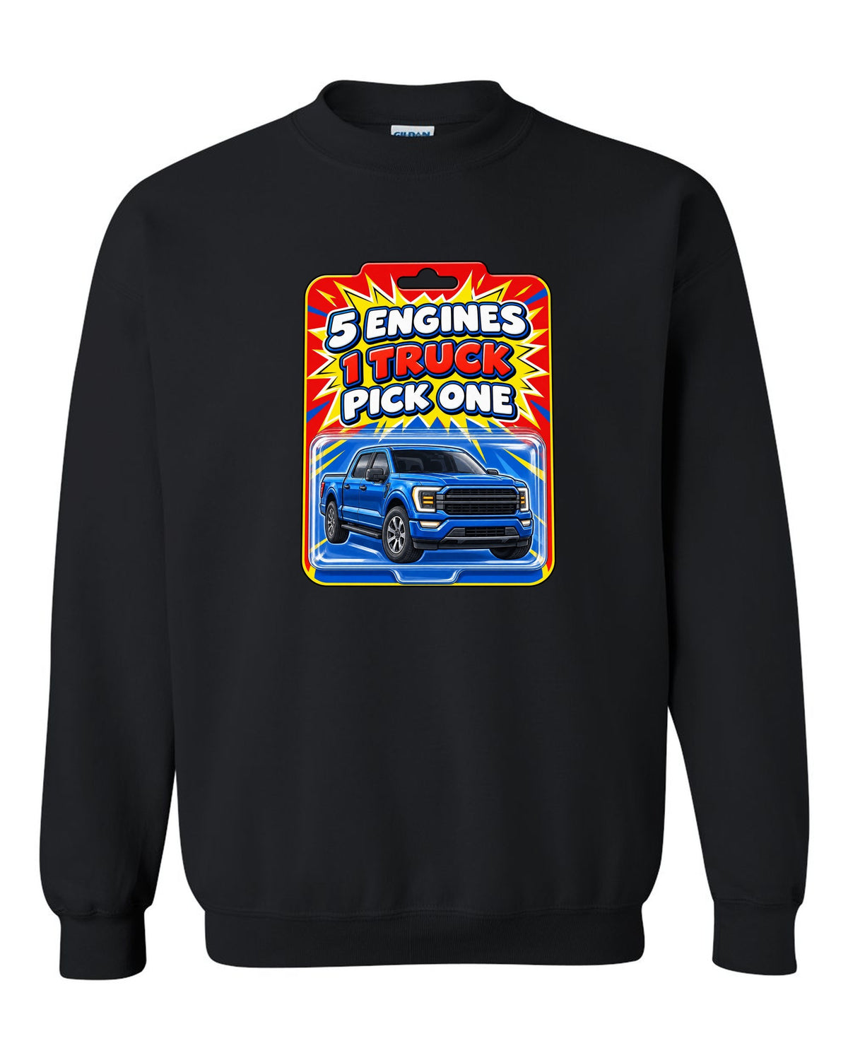 Toy card style print of a 2021 Ford F-150 P702 with five engines one truck text black crewneck front view with the design