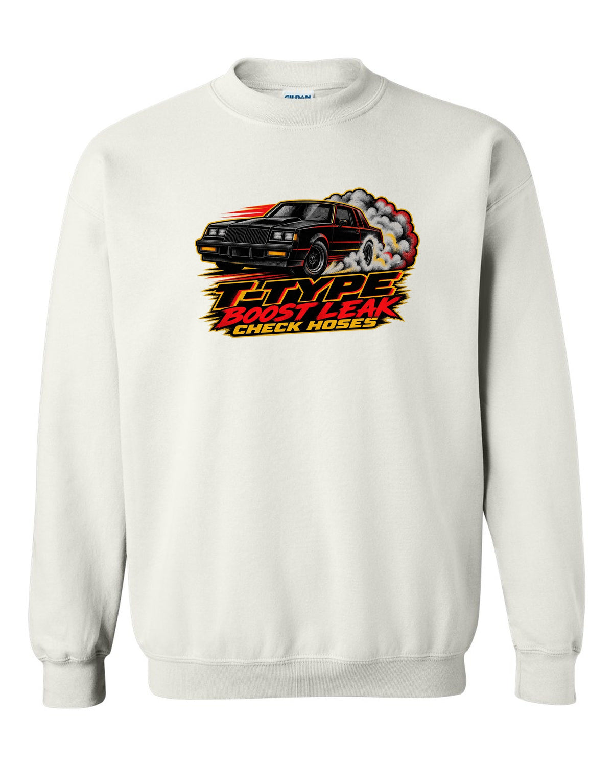 1986 Buick Regal T-Type G-body burnout in halftone screenprint style white crewneck front view with the design