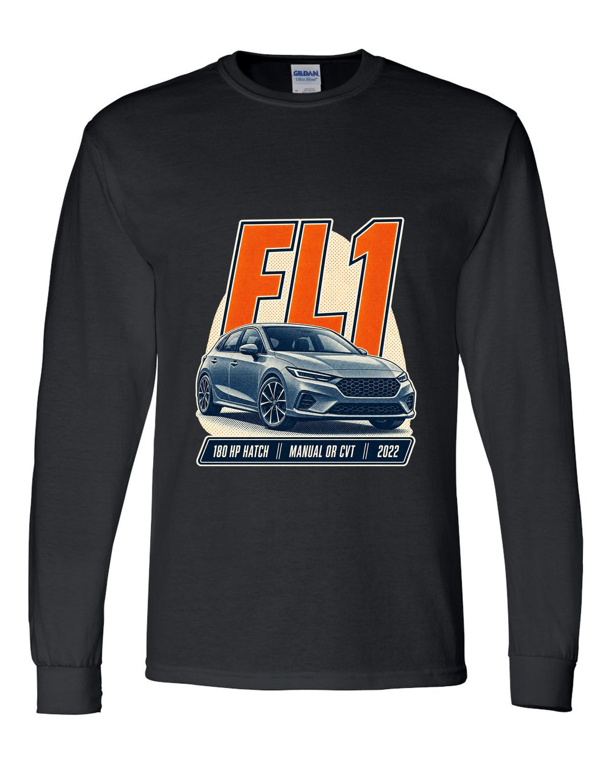 Honda Civic chback FL1 halftone front three-quarter print black long sleeve front view with the design