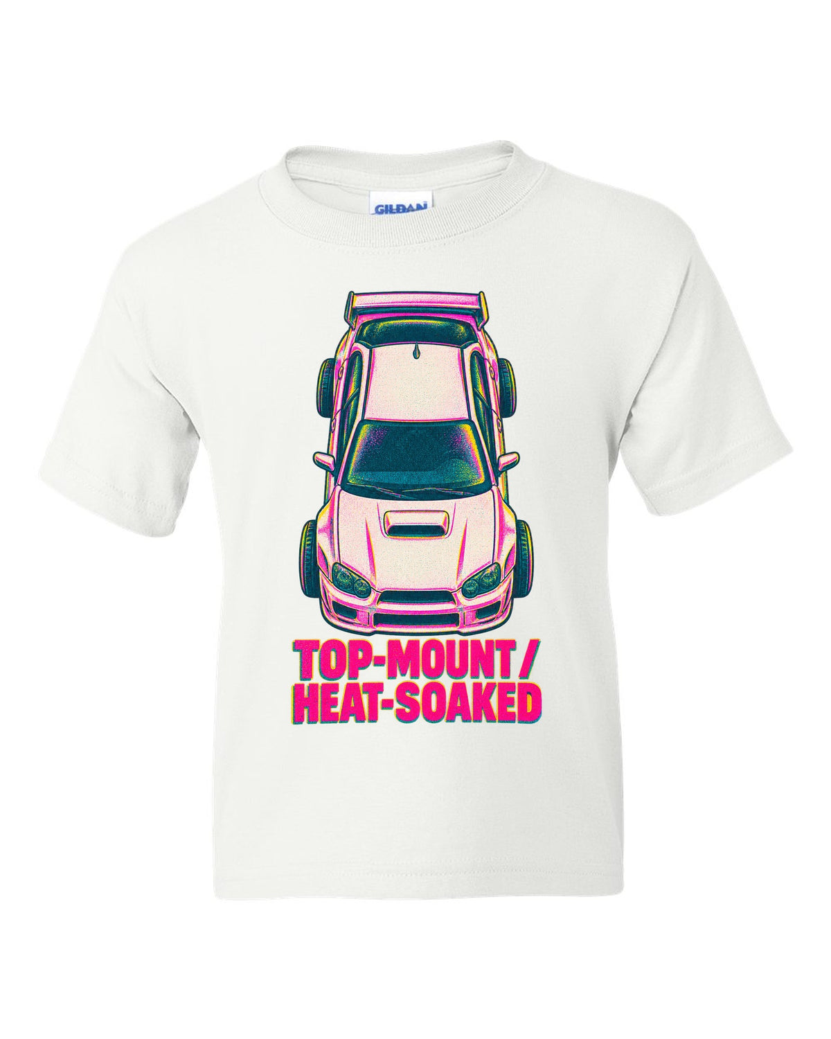 Risograph top view of a Subaru Impreza WRX GDB Blobeye with heat-soaked text white kids tee front view with the design
