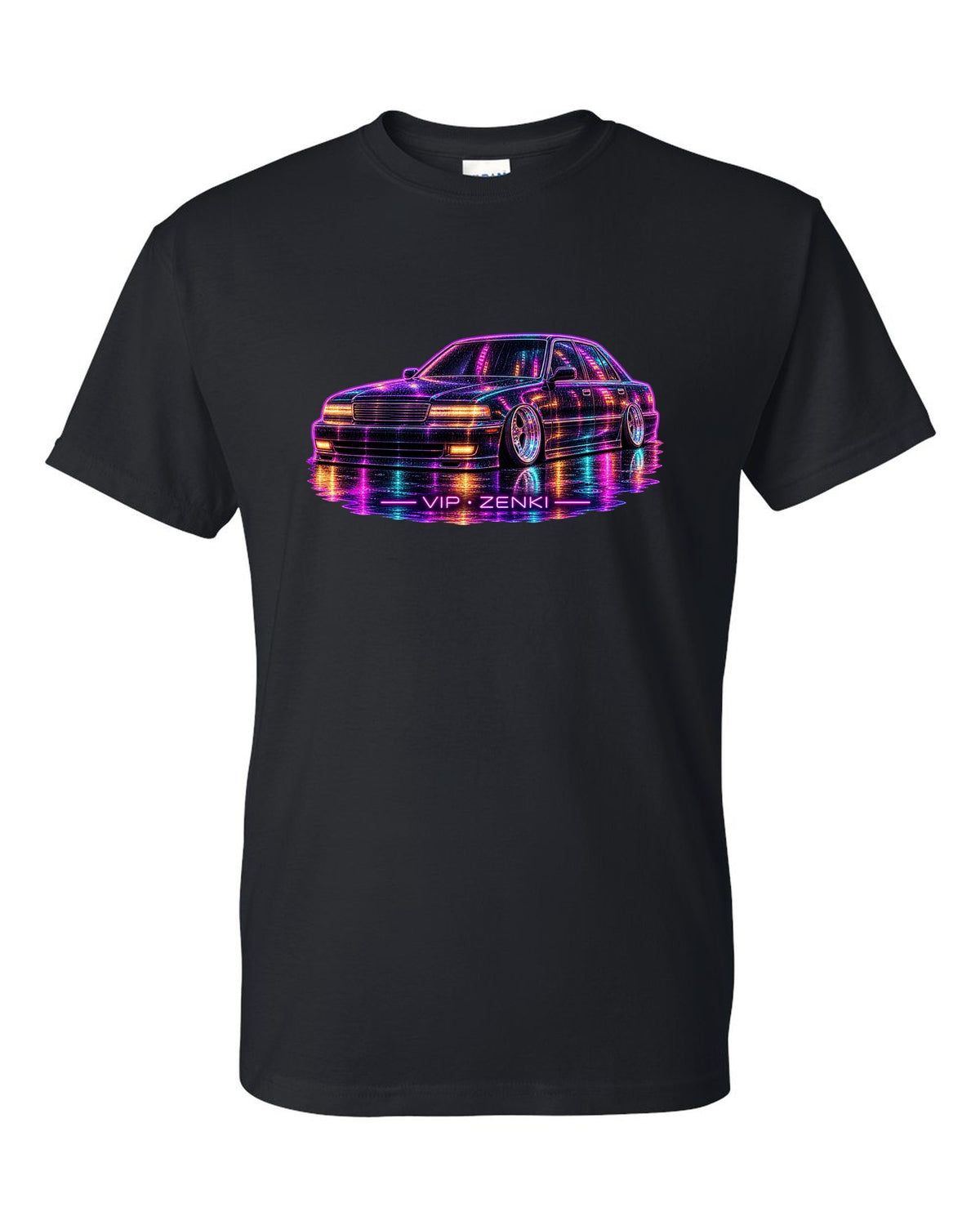 Neon line illustration of a slammed Japanese luxury sedan in the rain with VIP ZENKI lettering black t-shirt front view with the design