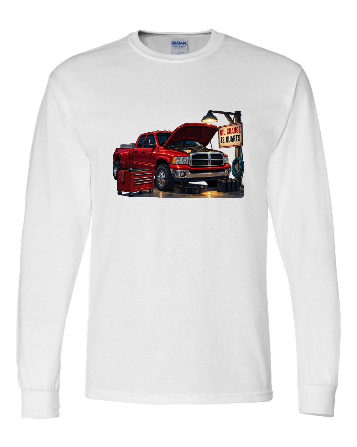 Cel-shaded anime night garage print of a red 2003-2009 Dodge Ram 3rd gen diesel with oil change text white long sleeve front view with the design