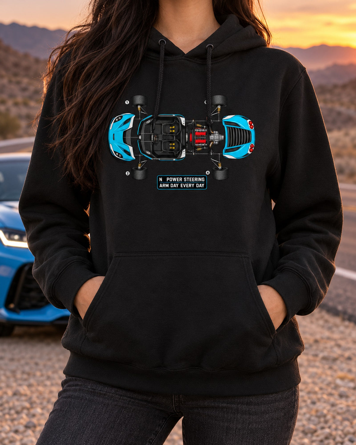 Alfa Romeo 4C Exploded Blueprint Tee, Arm Day Every Day Pull Over Hoodie Black worn hero